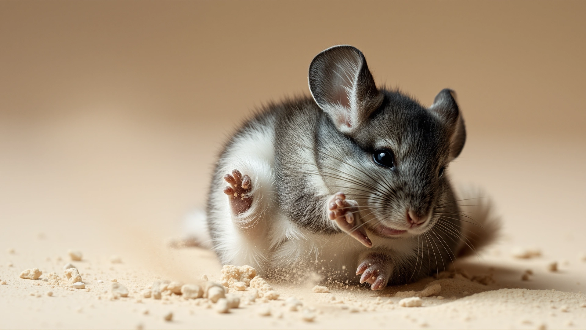 Close-up photo of a chinchilla mid-roll in a dust bath, dust particles visible in the air, neutral background, high shutter speed freeze motion