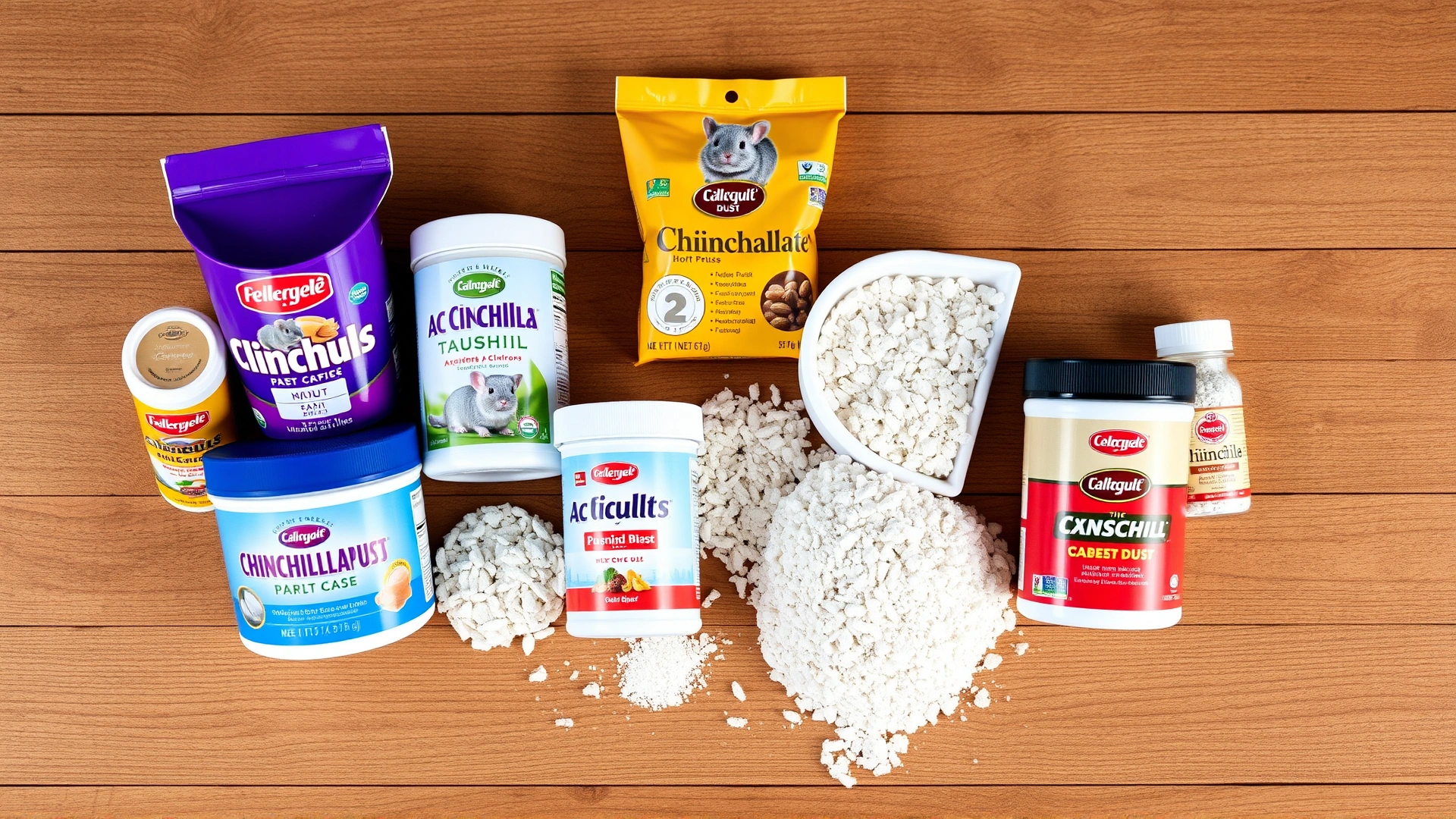 Flat lay of different commercial chinchilla dust brands in their original containers on a wooden surface, well-lit, no human hands visible