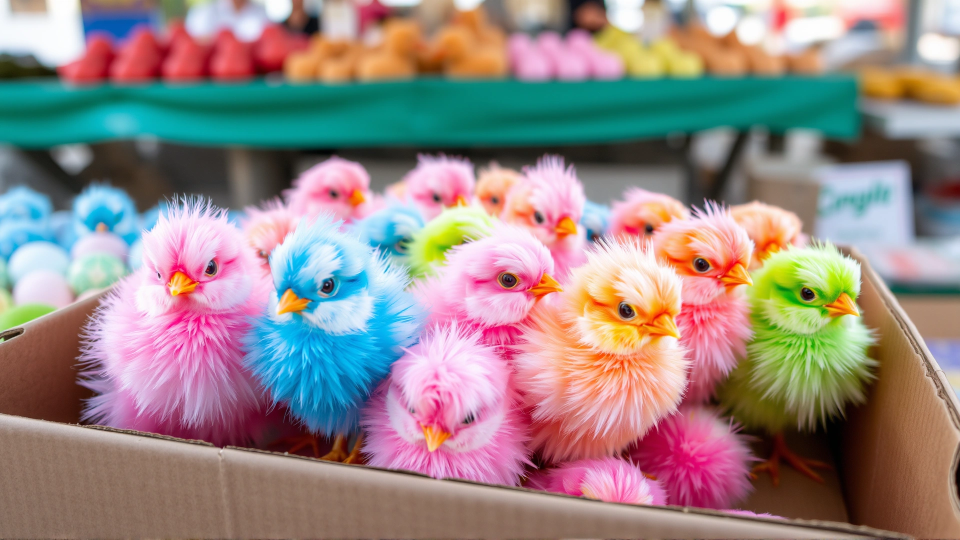 A group of artificially dyed Easter chicks in bright pink, blue and green colors clustered in a cardboard box at an outdoor market stall