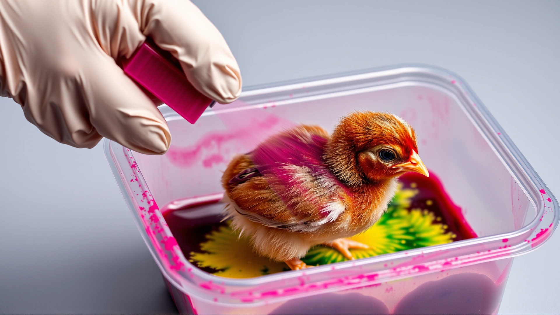 A gloved hand spraying colored dye onto a small chick inside a plastic container, illustrating the process and potential cruelty