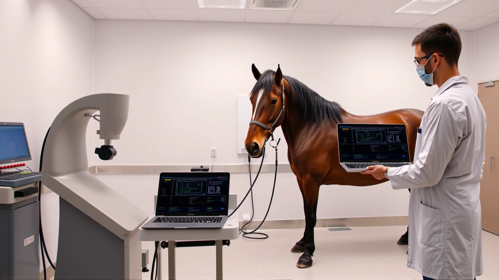 Modern veterinary lab setting where a draft horse is connected to a dynamometer; veterinarian monitors data on a laptop, clean background, no text