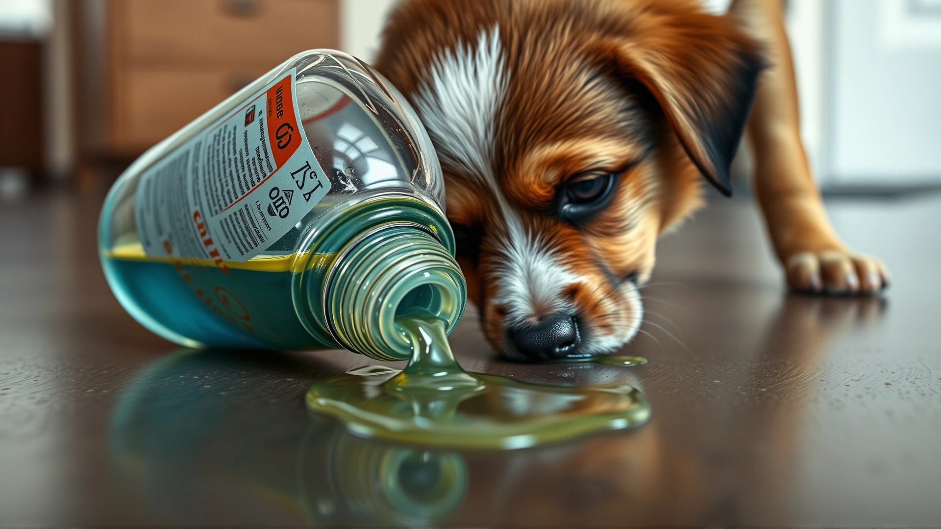 Close-up of a knocked-over bottle of bright e-liquid spilling near a curious puppy sniffing the liquid on the floor; cautionary tone, realistic photo.