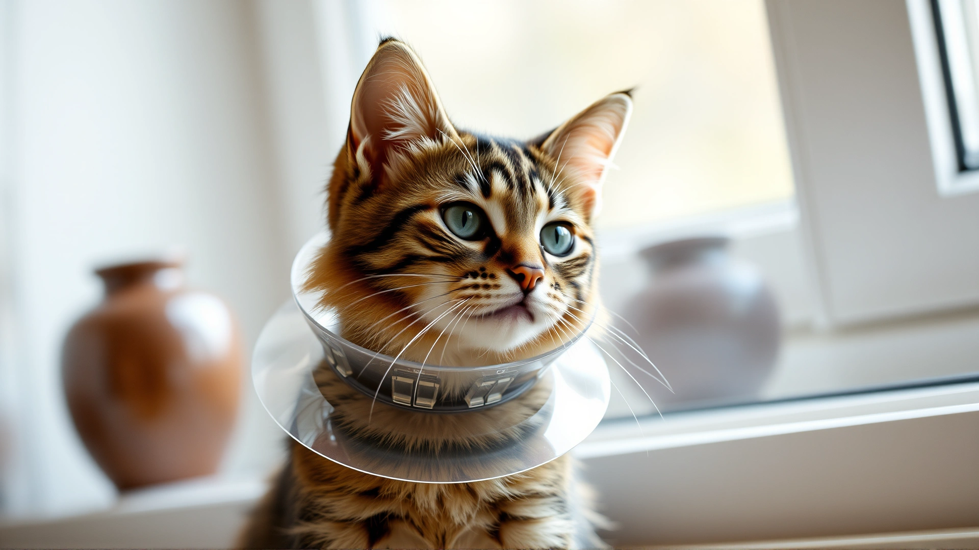 Young tabby cat wearing a transparent plastic Elizabethan collar, sitting calmly by a window with soft daylight.