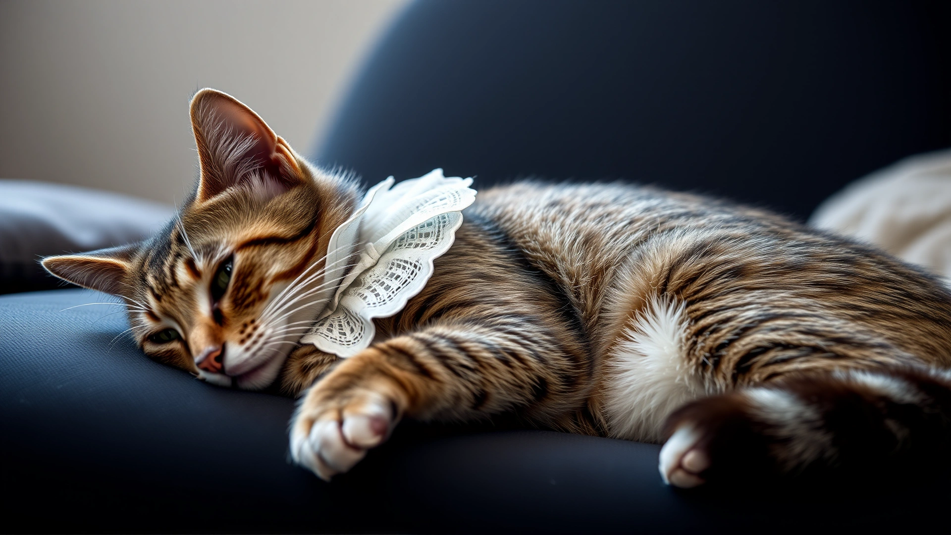 Calm cat wearing an Elizabethan collar (E-collar) resting comfortably on a couch, no text