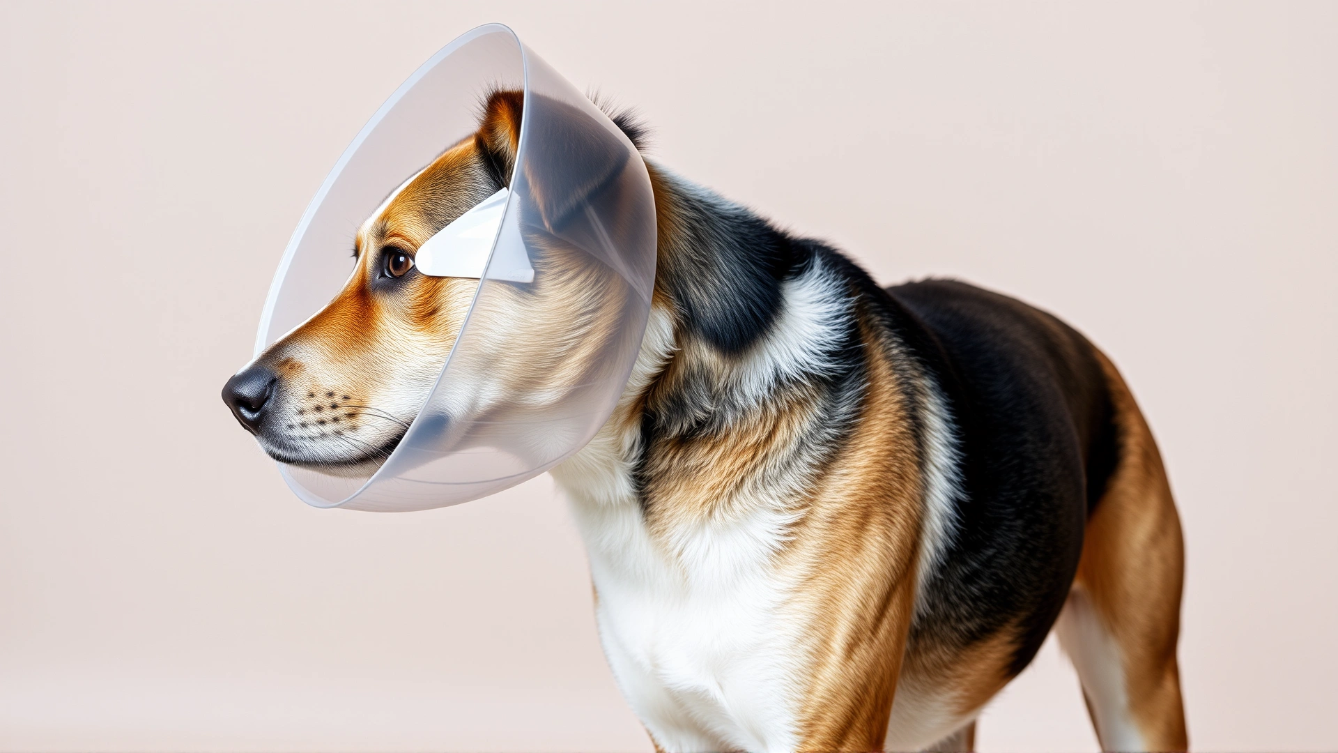 Side view of a mixed-breed dog standing and wearing a transparent plastic cone, neutral backdrop, well-lit studio style.