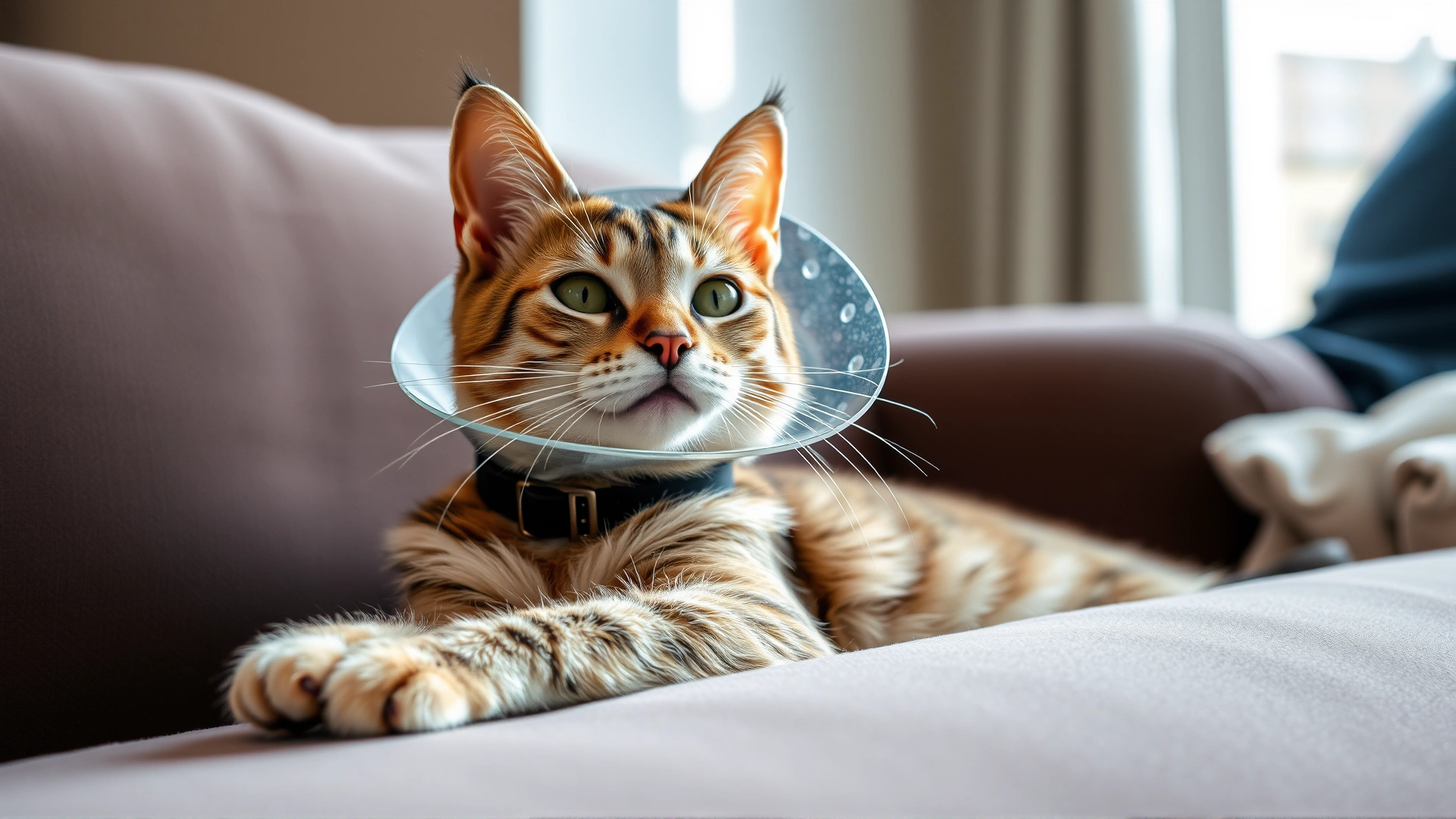 Domestic short-haired cat wearing a transparent Elizabethan collar while resting on a cozy couch, daylight coming from a window, focus on the collar's function.