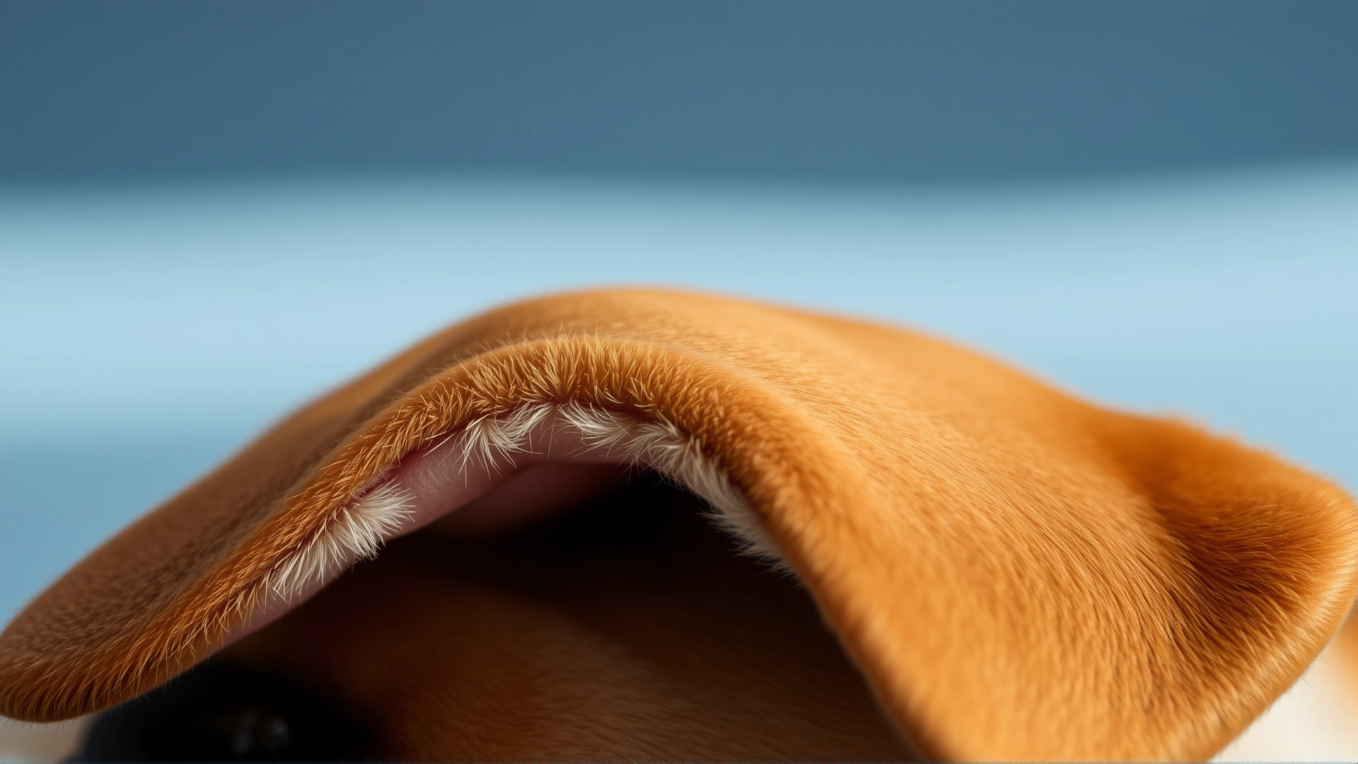 Macro close-up shot of a dog's clean ear flap showing pink healthy skin under natural light