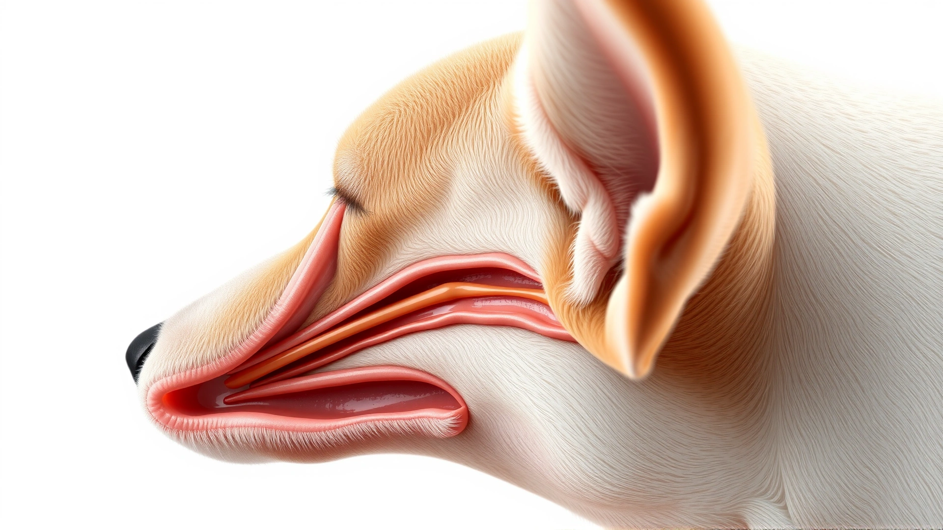 Realistic side illustration of a clean dog ear canal without text labels, focusing on the inner and outer ear structures for educational context.