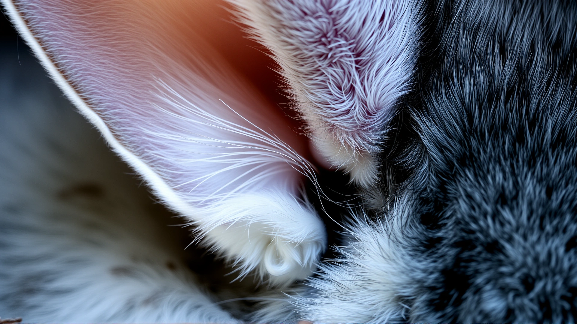 Macro shot of a chinchilla's ear showing the external ear canal, captured in soft natural light.