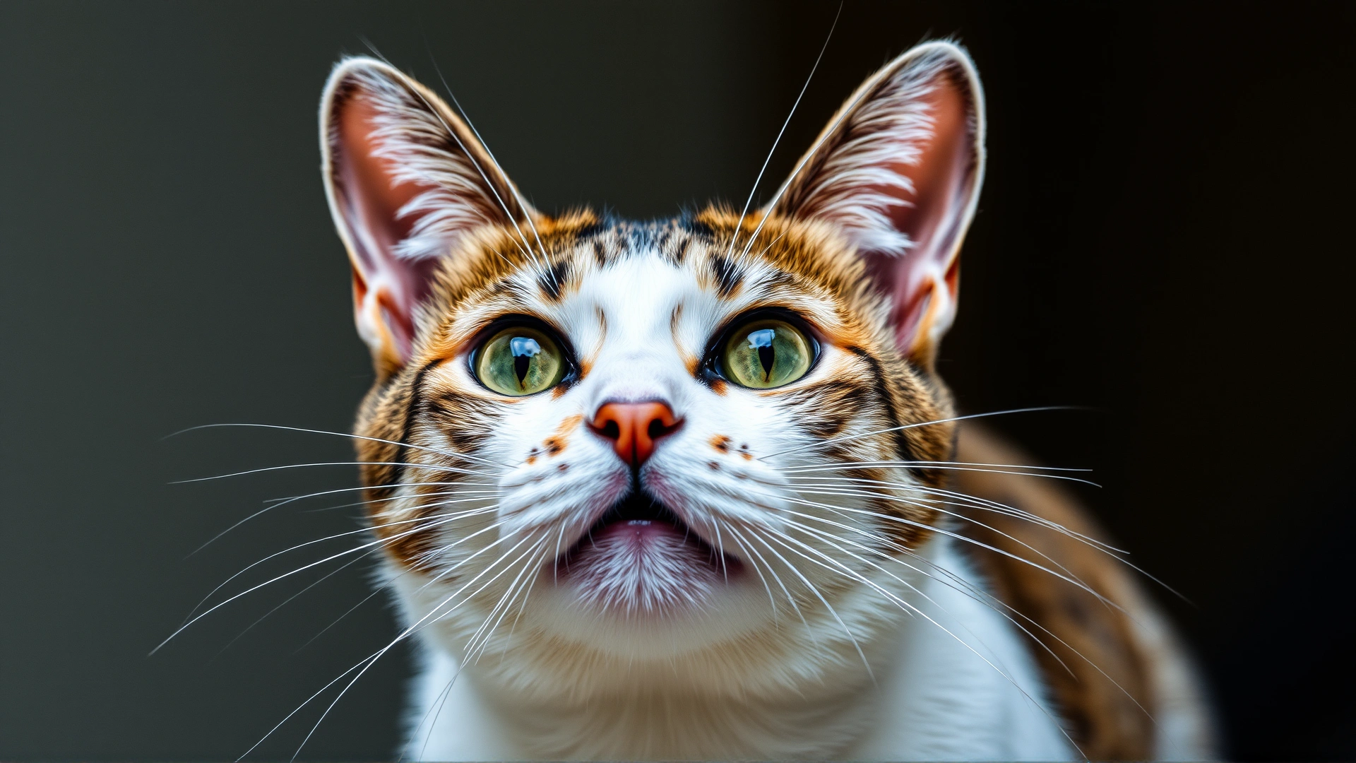 Domestic cat with ears flattened backward, eyes wide, illustrating a defensive posture