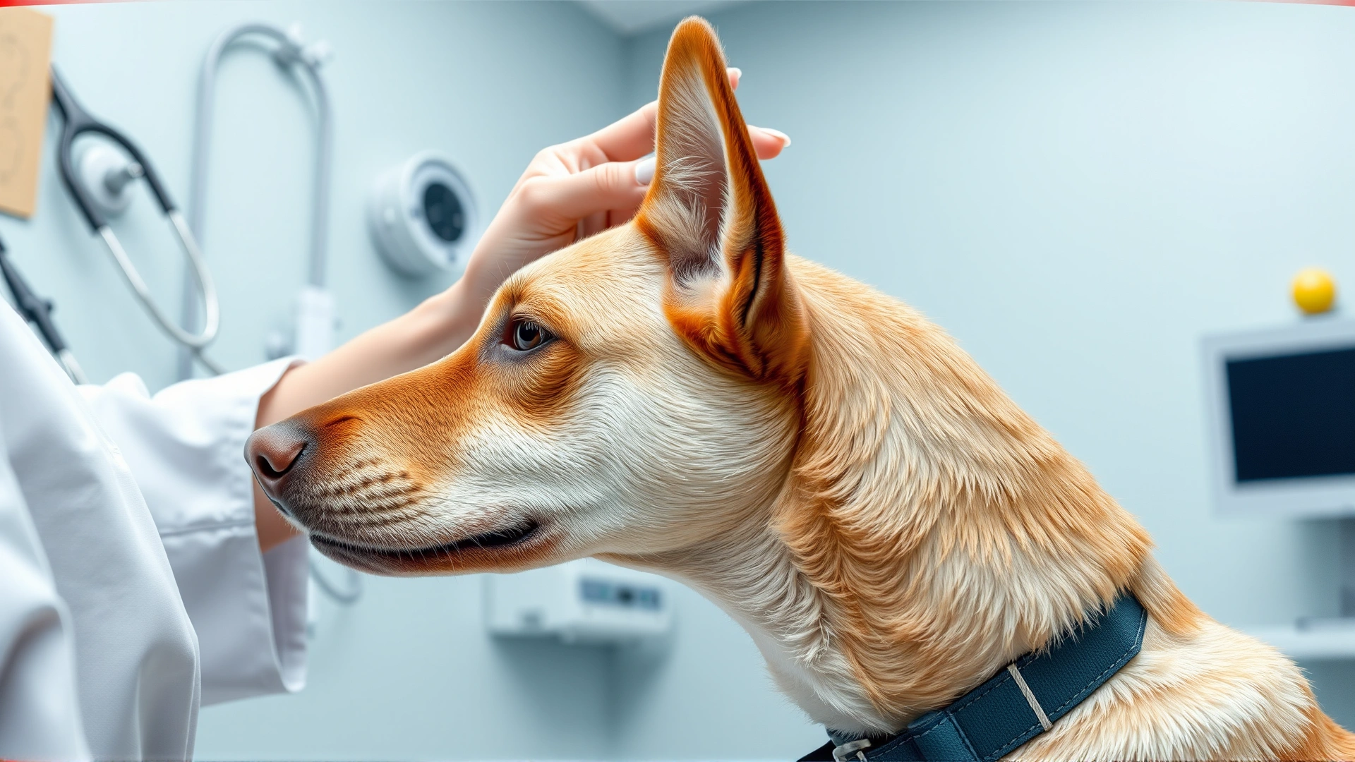 Veterinarian gently lifting a dog's ear flap to inspect the ear canal in a well-lit clinic room.