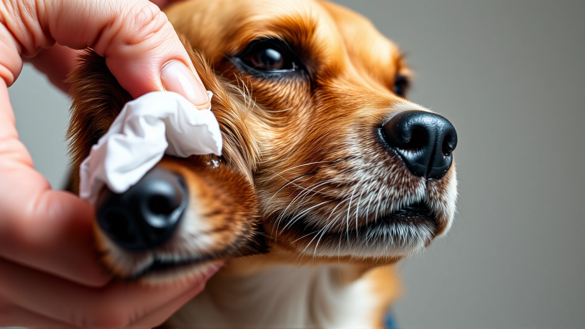 Close-up of a person gently cleaning a dog’s ear with a cotton pad, illustrating careful hygiene.