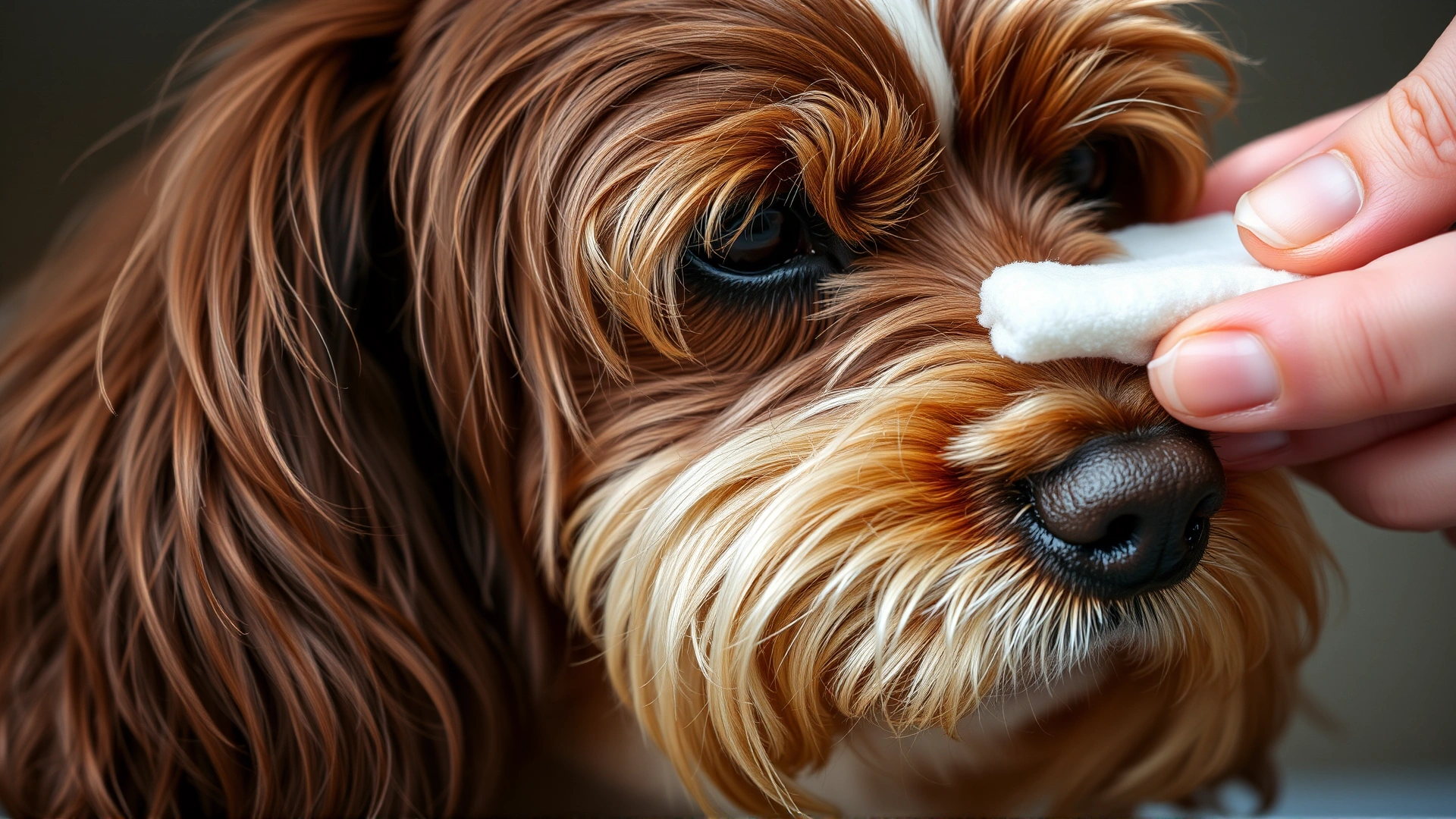 Close-up of a person gently cleaning the long ear of an English Cocker Spaniel with a cotton pad