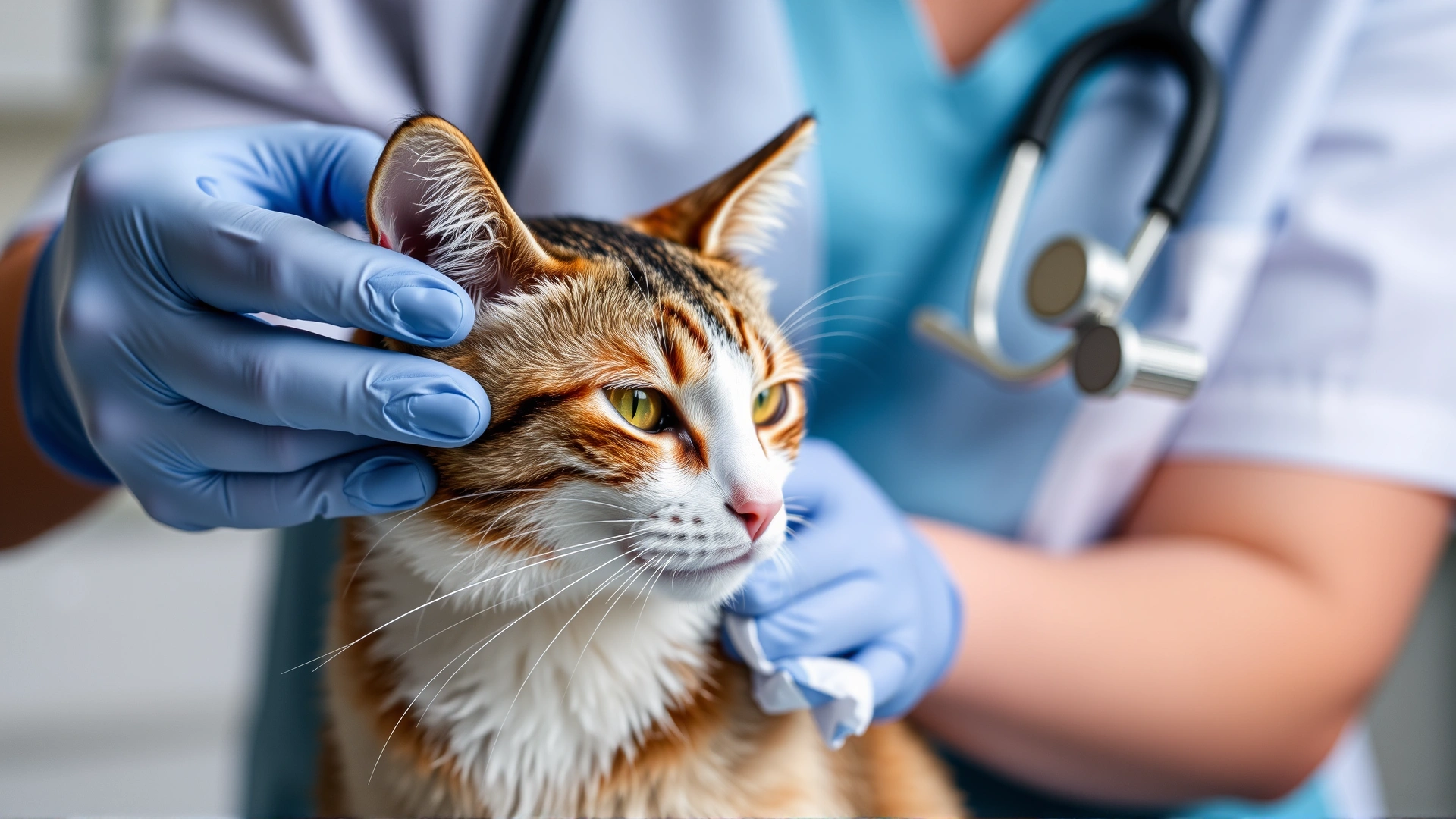 Veterinarian gently cleaning a calm cat’s ear with a soft cotton pad in a clinic setting
