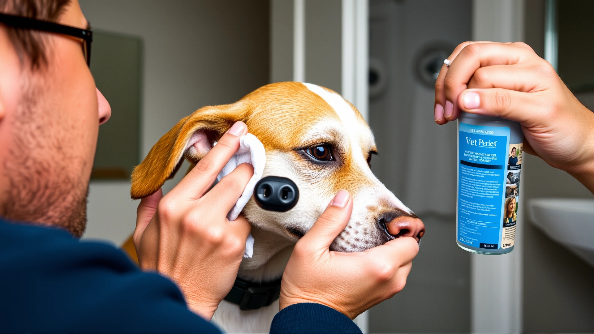 Owner carefully cleaning a floppy-eared dog's ear with a cotton pad and vet-approved solution, home bathroom setting.