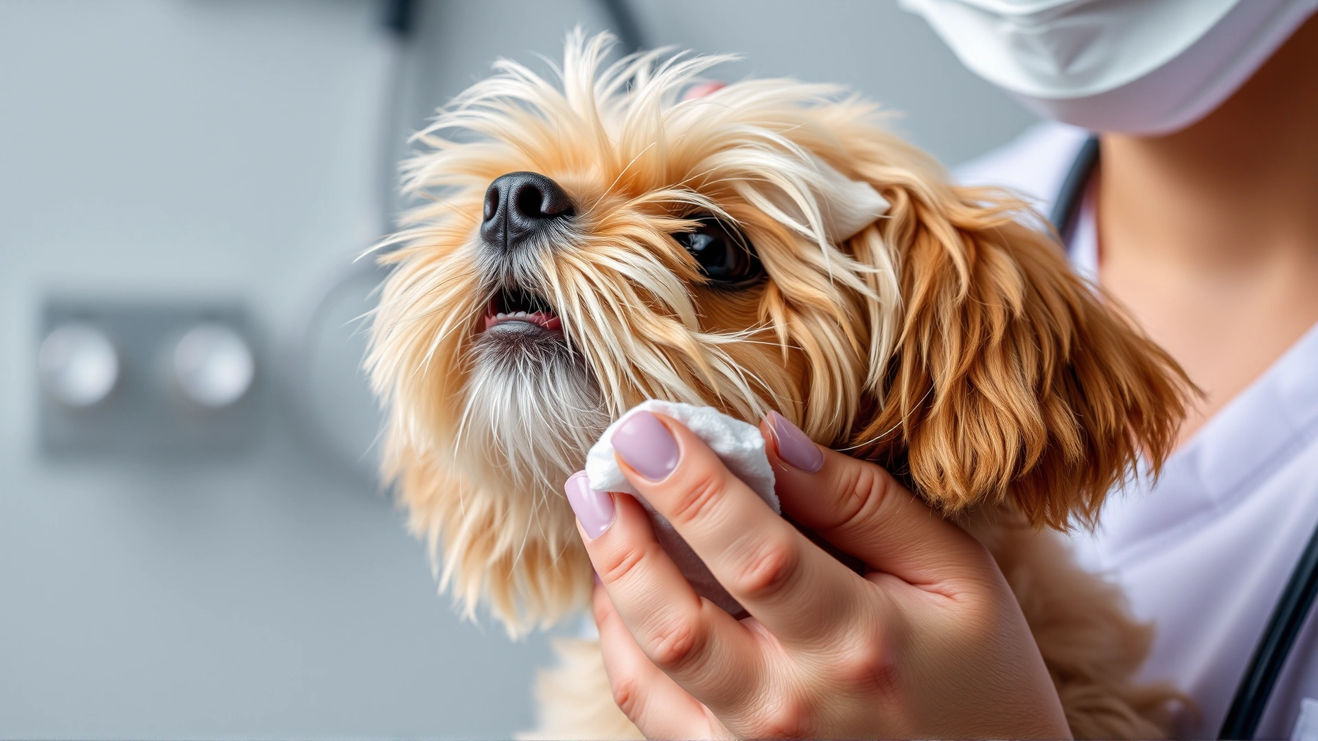 Close-up of a veterinarian cleaning a Havapoo’s floppy ear with a cotton pad, veterinary clinic background
