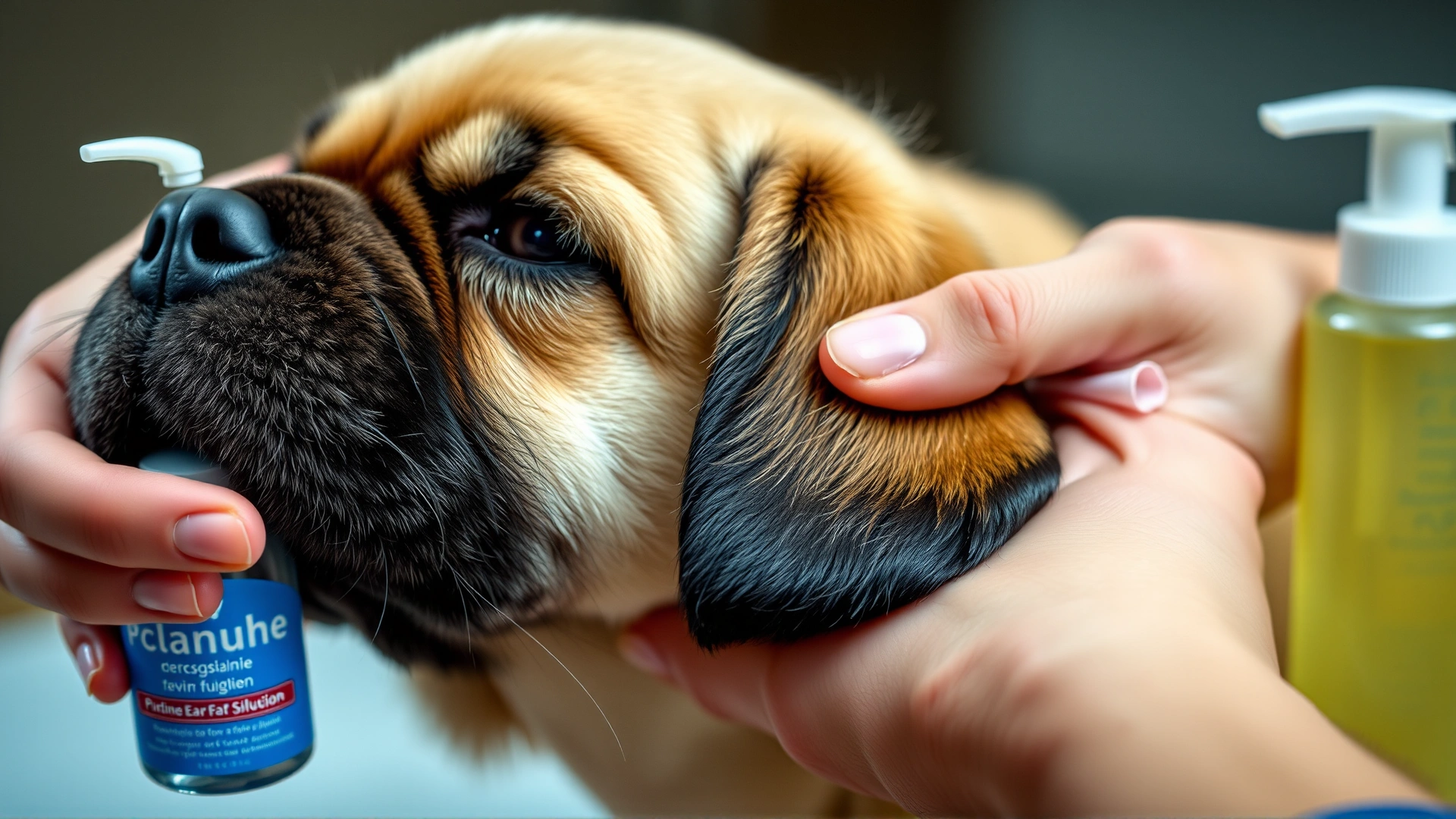 Close-up of human hands gently cleaning a Puggle’s floppy ear with a cotton pad and canine ear-cleaning solution bottle nearby.