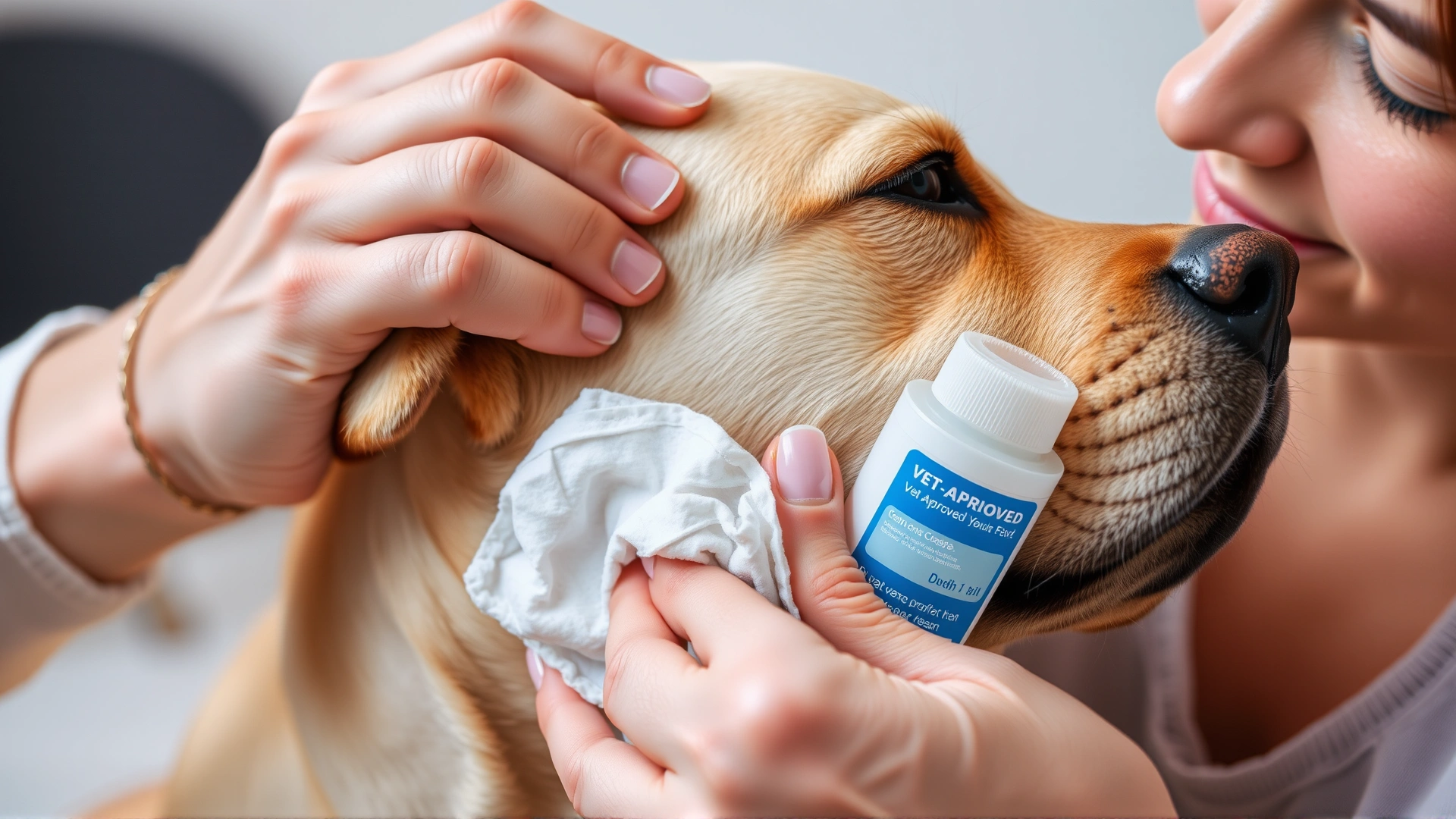 Close-up of an owner cleaning a Labrador Retriever's ear with a cotton pad and a vet-approved cleanser, indoors with soft lighting.