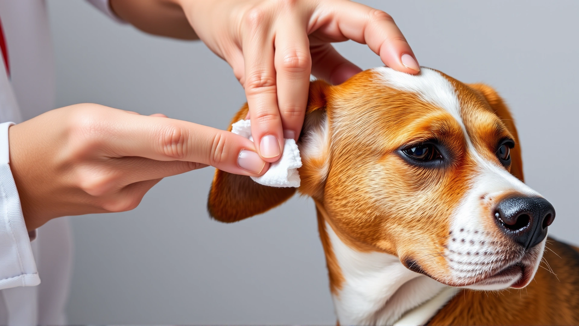 Person gently lifting a beagle’s ear flap and wiping the inner ear with a cotton pad.
