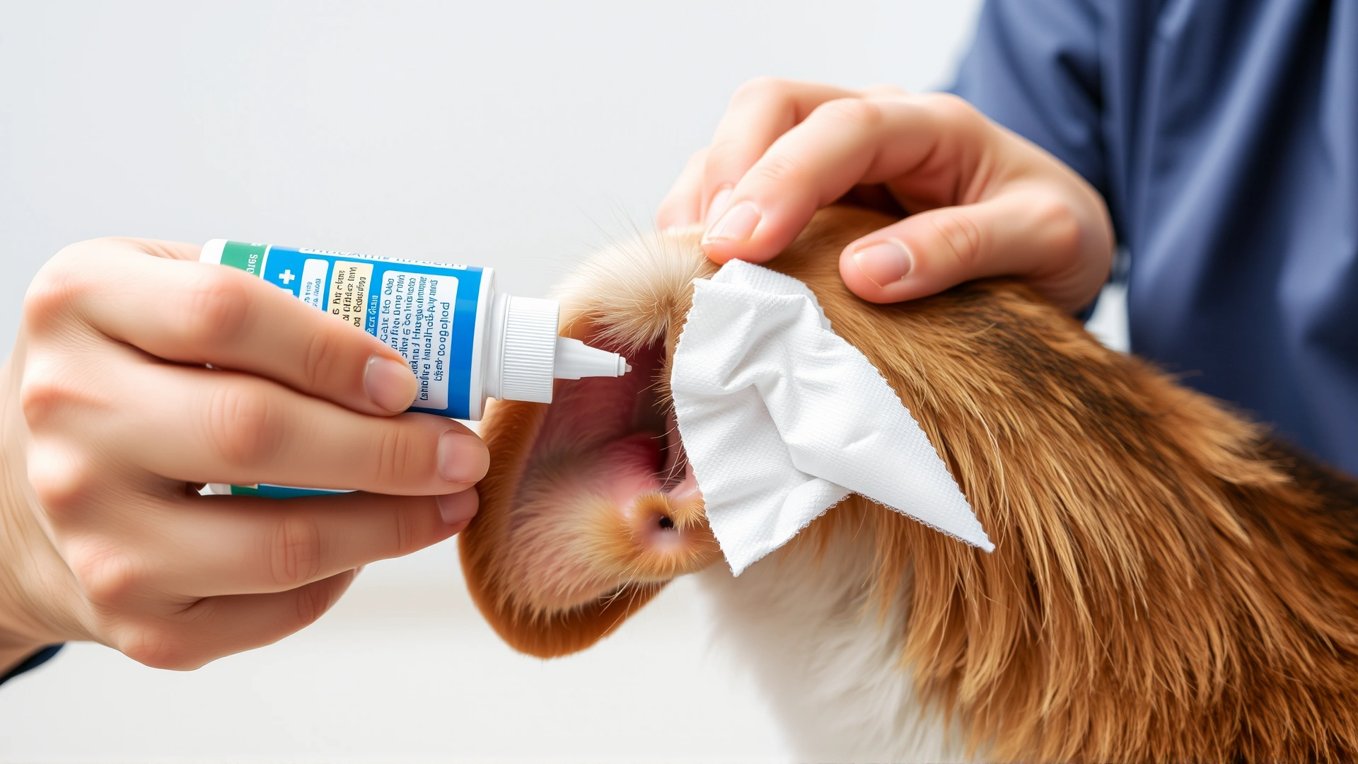 High-resolution image of a pet owner safely cleaning a dog's ear with a veterinarian-approved ear cleaner and gauze, showing only hands and dog's ear, no text.