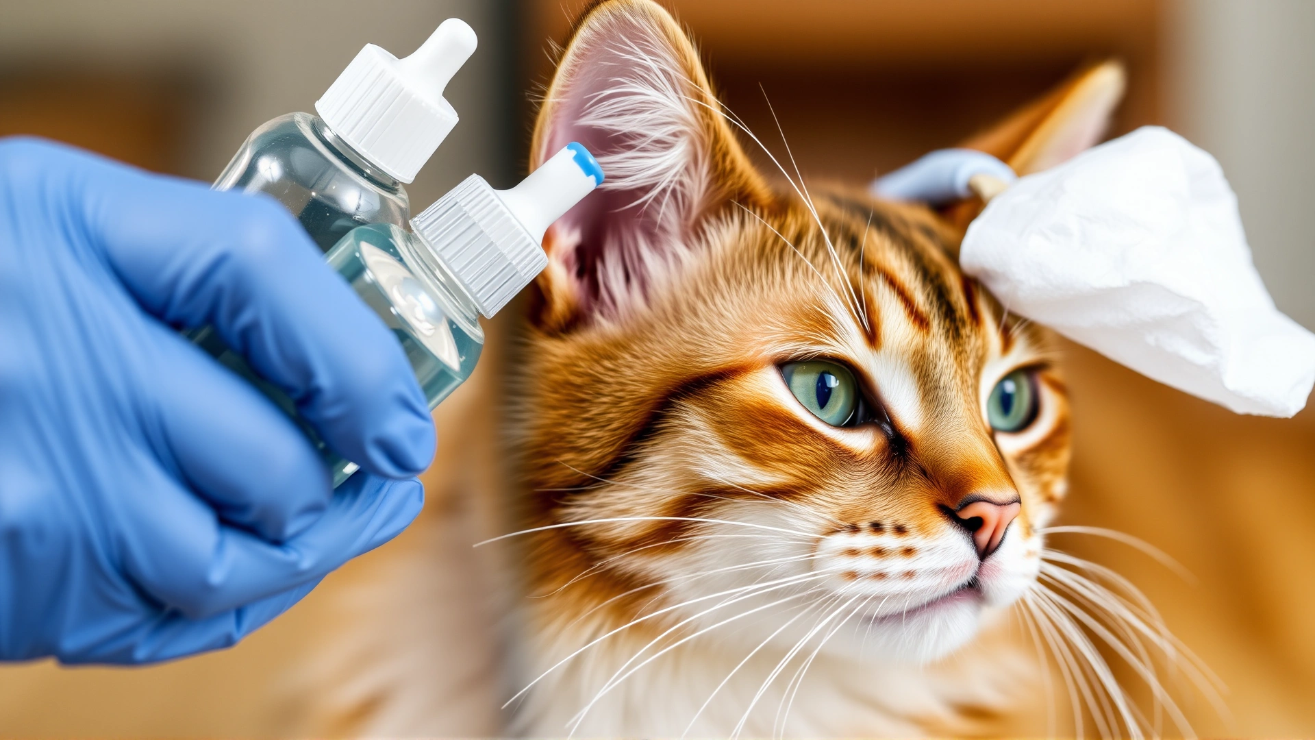 Pet owner’s hand gently cleaning a cat’s ear with a veterinary-approved solution and cotton pad, close-up, emphasizes preventive care.