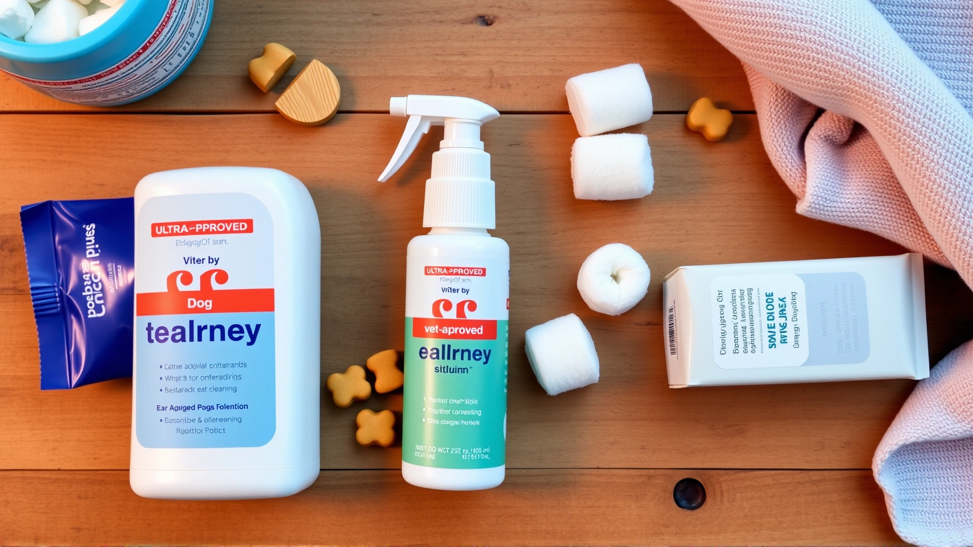 Flat lay of vet-approved dog ear-cleaning solution, cotton rounds, treats, and a soft towel arranged neatly on a wooden table.