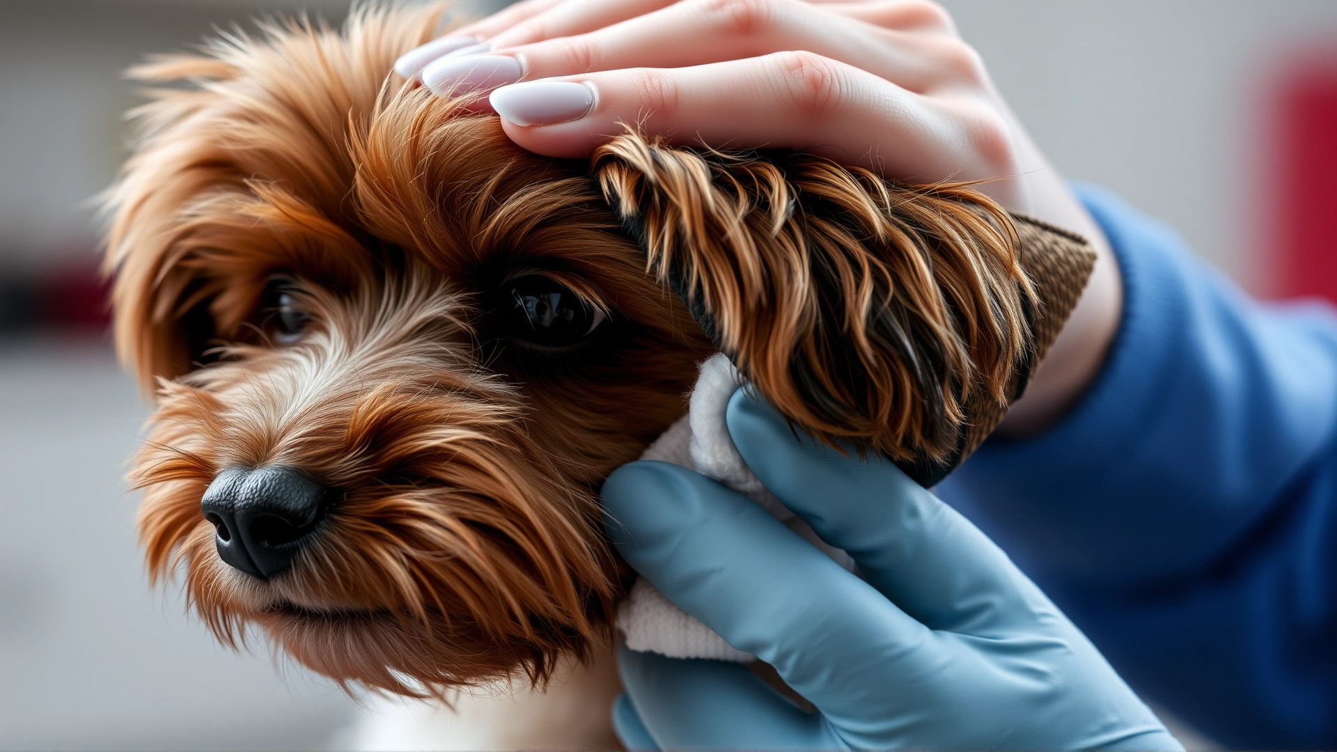Close-up of a person cleaning a Cockapoo's floppy ear with a cotton pad.