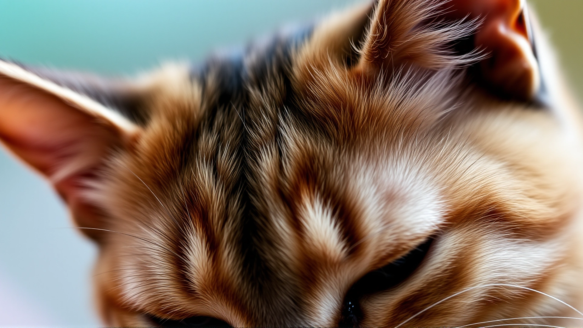 Extreme close-up of a Scottish Fold cat's head focusing on the folded ears in sharp detail.