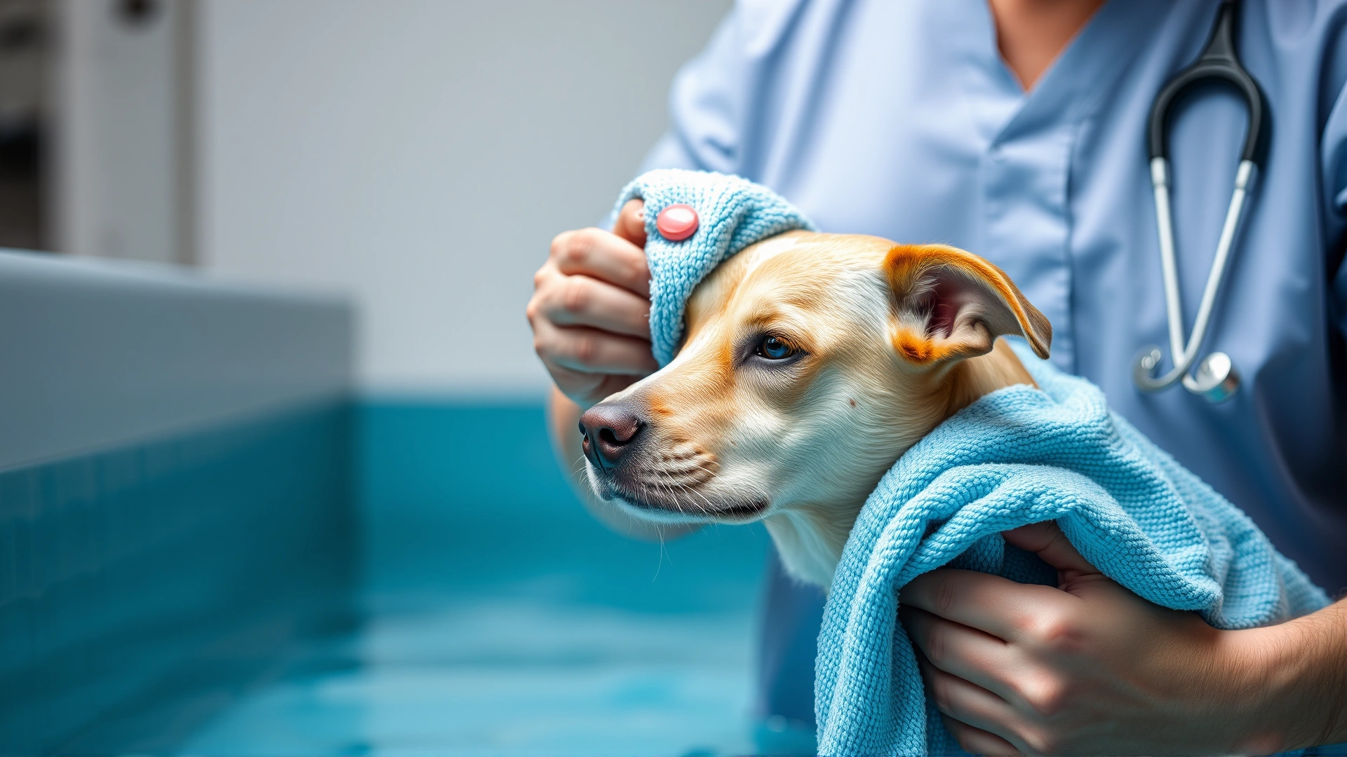 Veterinarian gently drying a dog's ear with a soft towel after a swim session to prevent infection