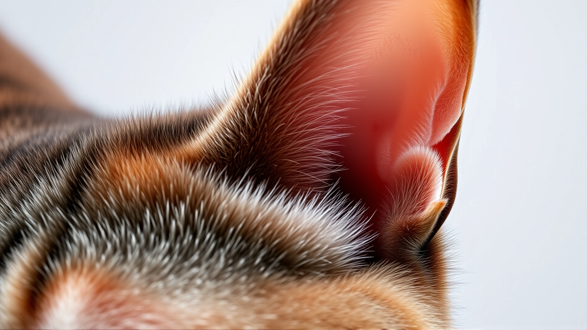 Macro shot of a cat’s ear showing slight swelling inside the pinna, demonstrating an ear hematoma, neutral background, high resolution.