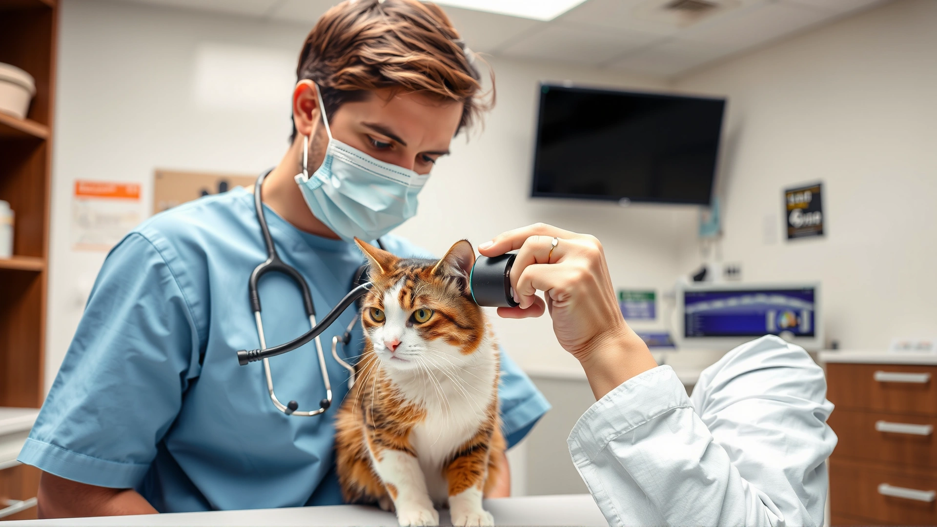 Veterinarian gently examining a cat's ear with an otoscope in a modern veterinary clinic.
