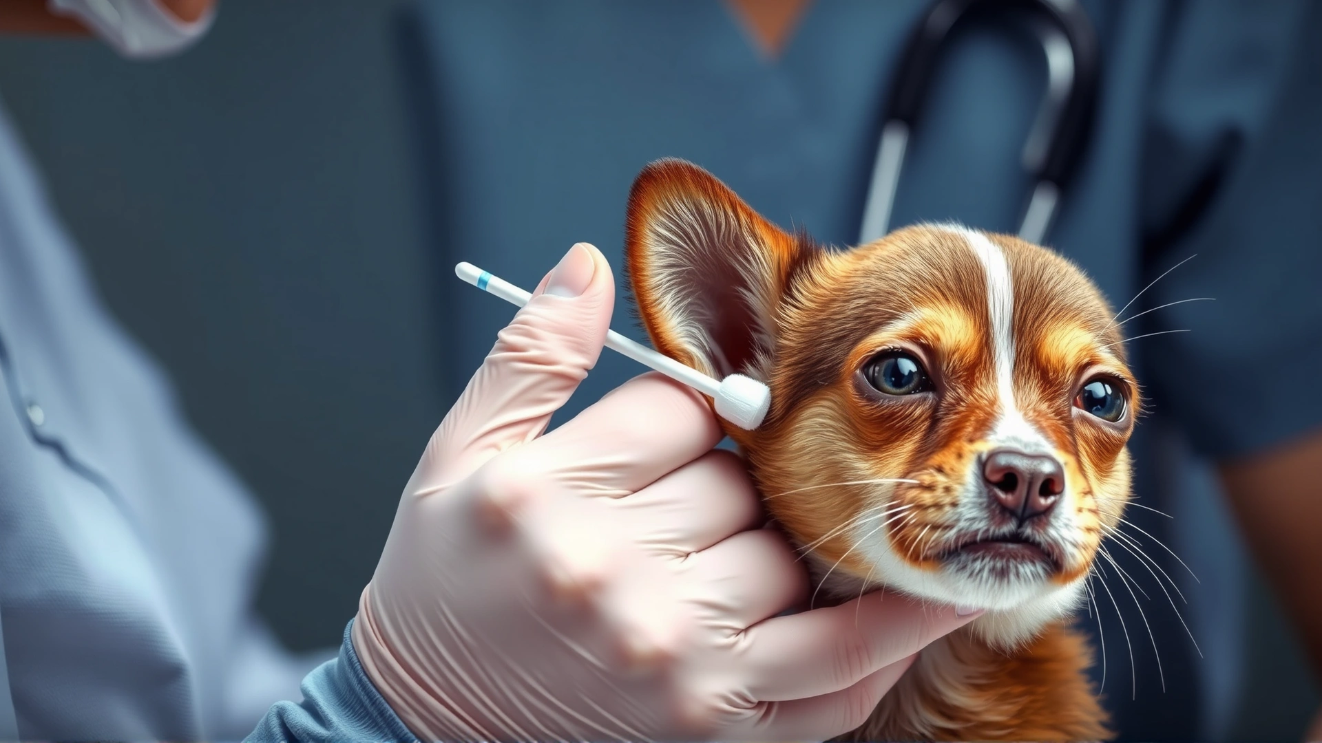 Photograph of a veterinarian gently cleaning a small pet's ear with a cotton swab.