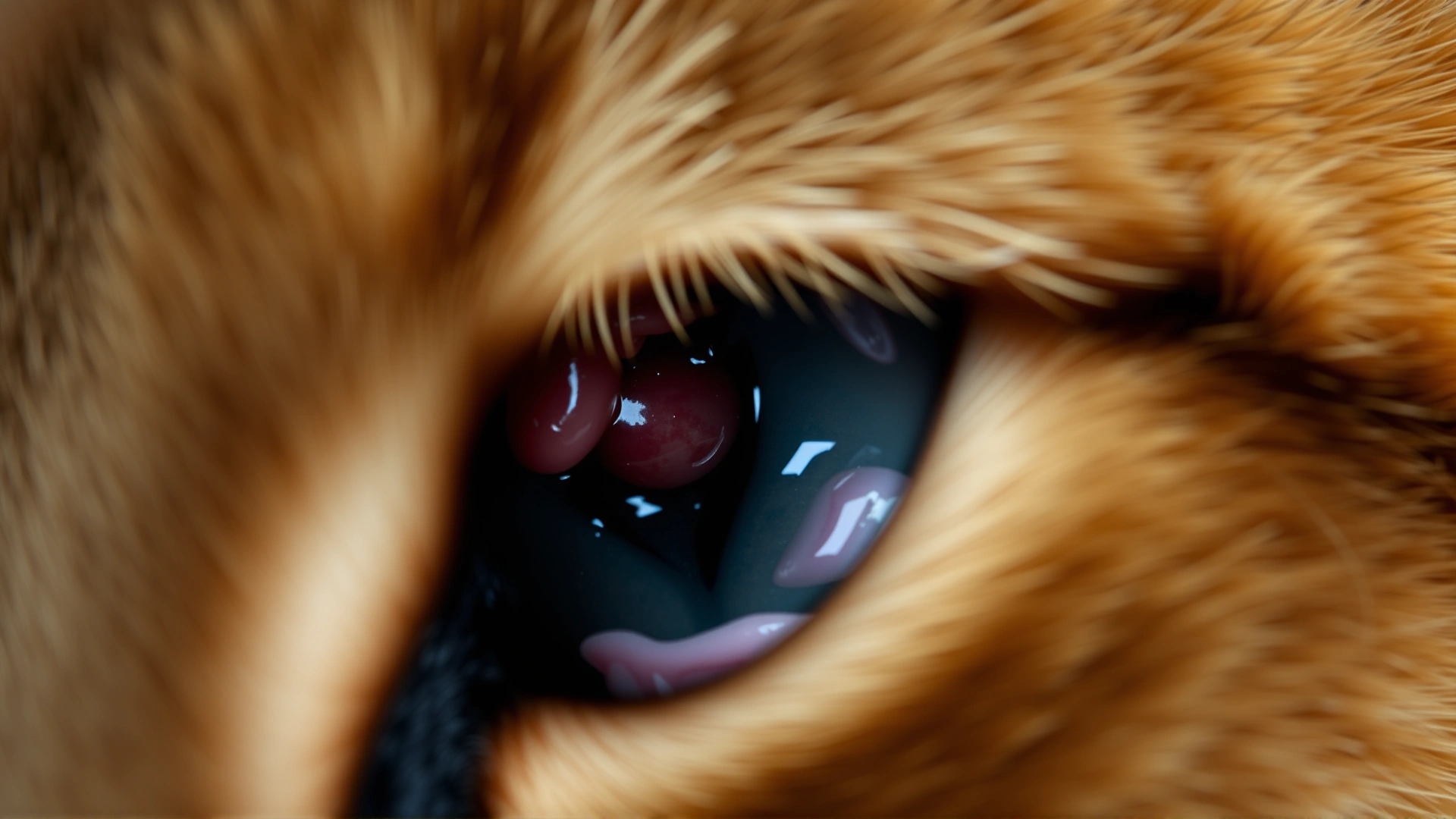 Macro close-up photo of the inside of a cat's ear canal showing mild redness and wax build-up, demonstrating otitis media; well-lit, no text.