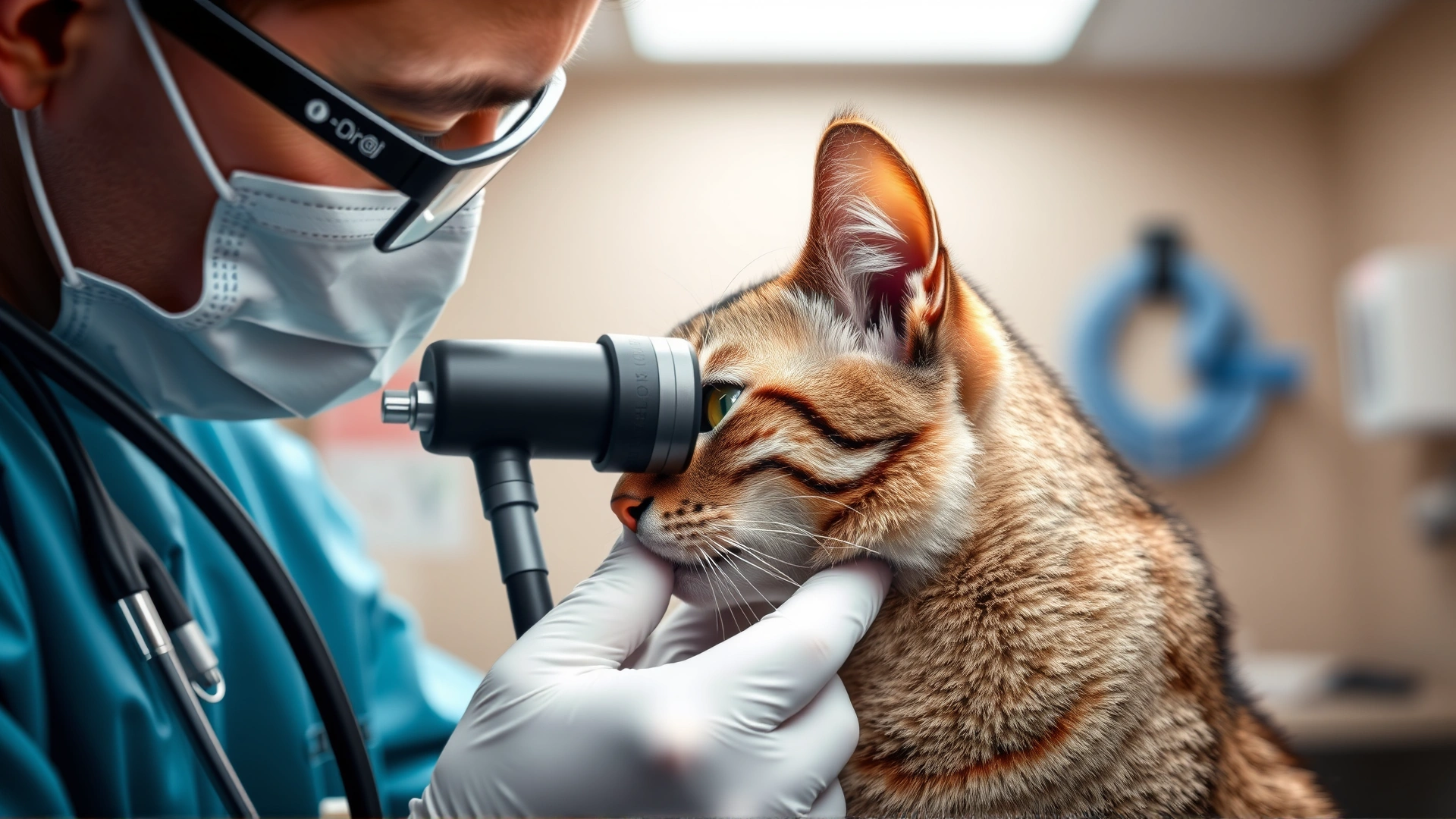 Close-up of a veterinarian inspecting a cat's ear with an otoscope in a well-lit clinic