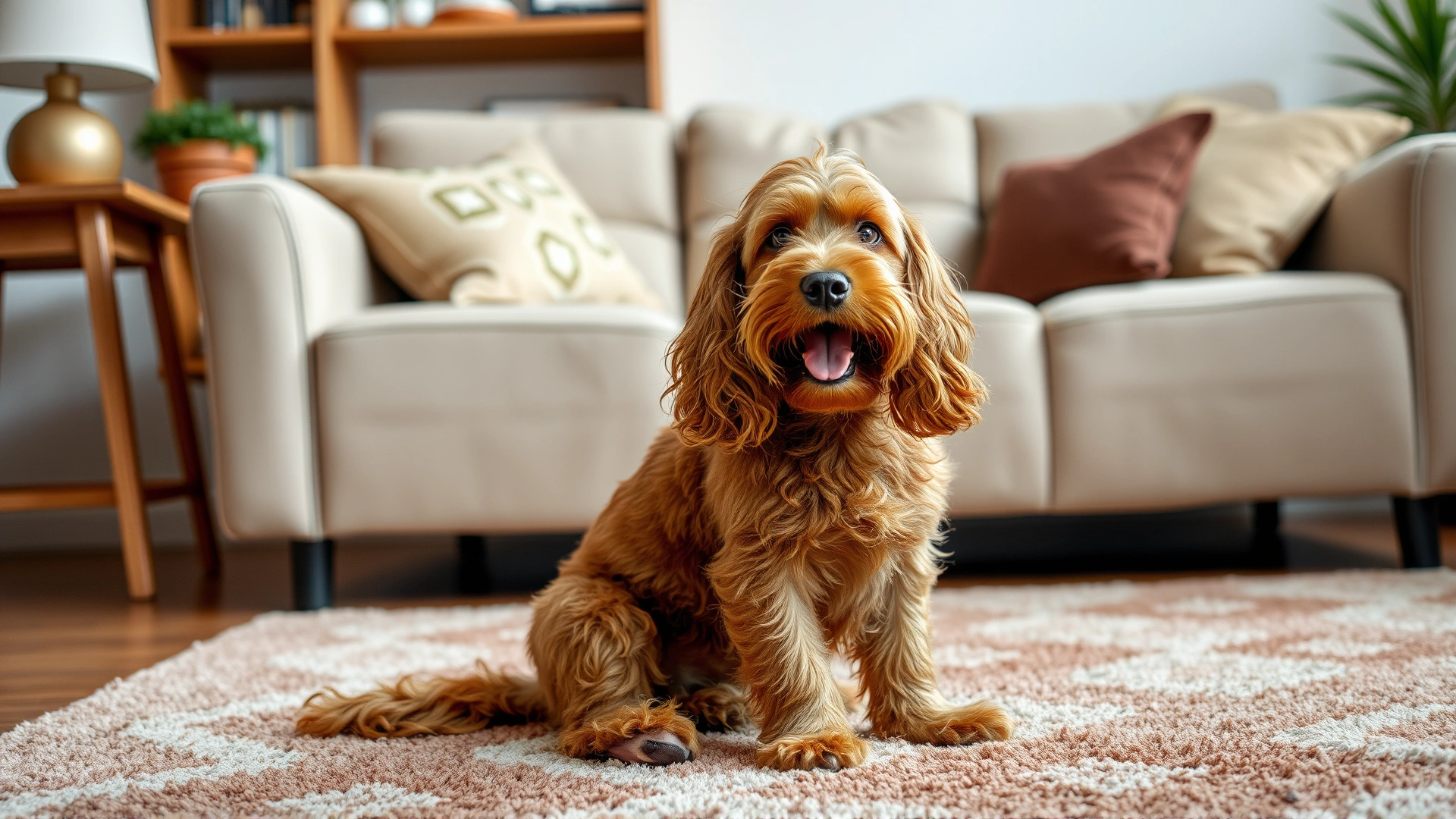 A brown cocker spaniel shaking its head and scratching its ear while sitting on a cozy living room rug.