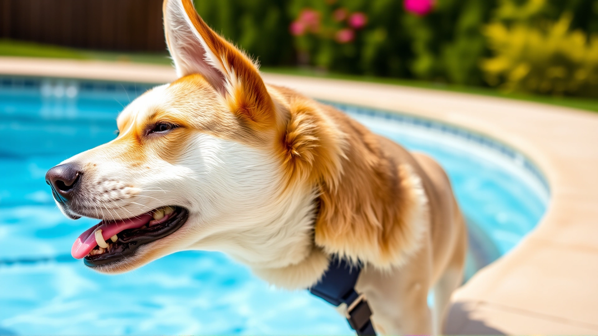 Dog shaking its head near a swimming pool, hinting at ear discomfort