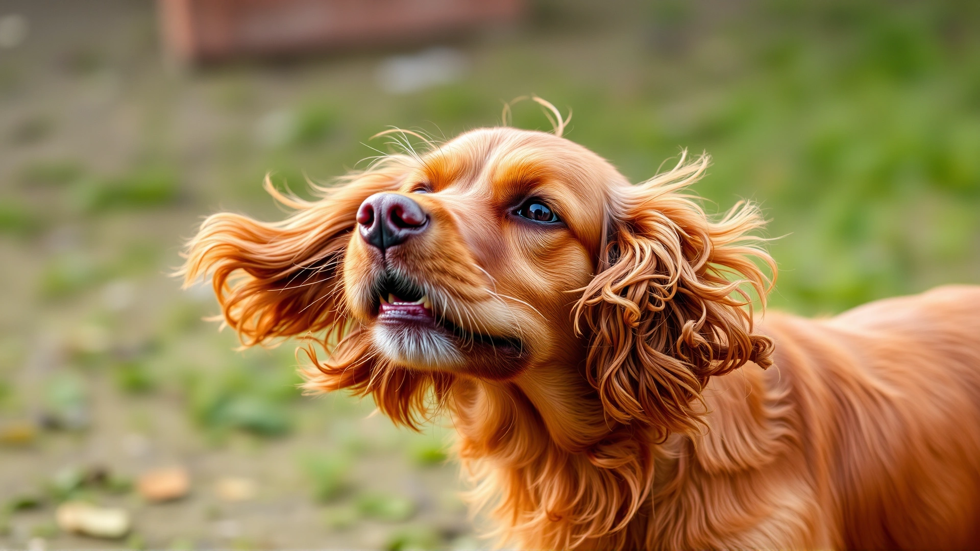Brown spaniel vigorously shaking its head outdoors, ears flapping with slight motion blur to convey discomfort.