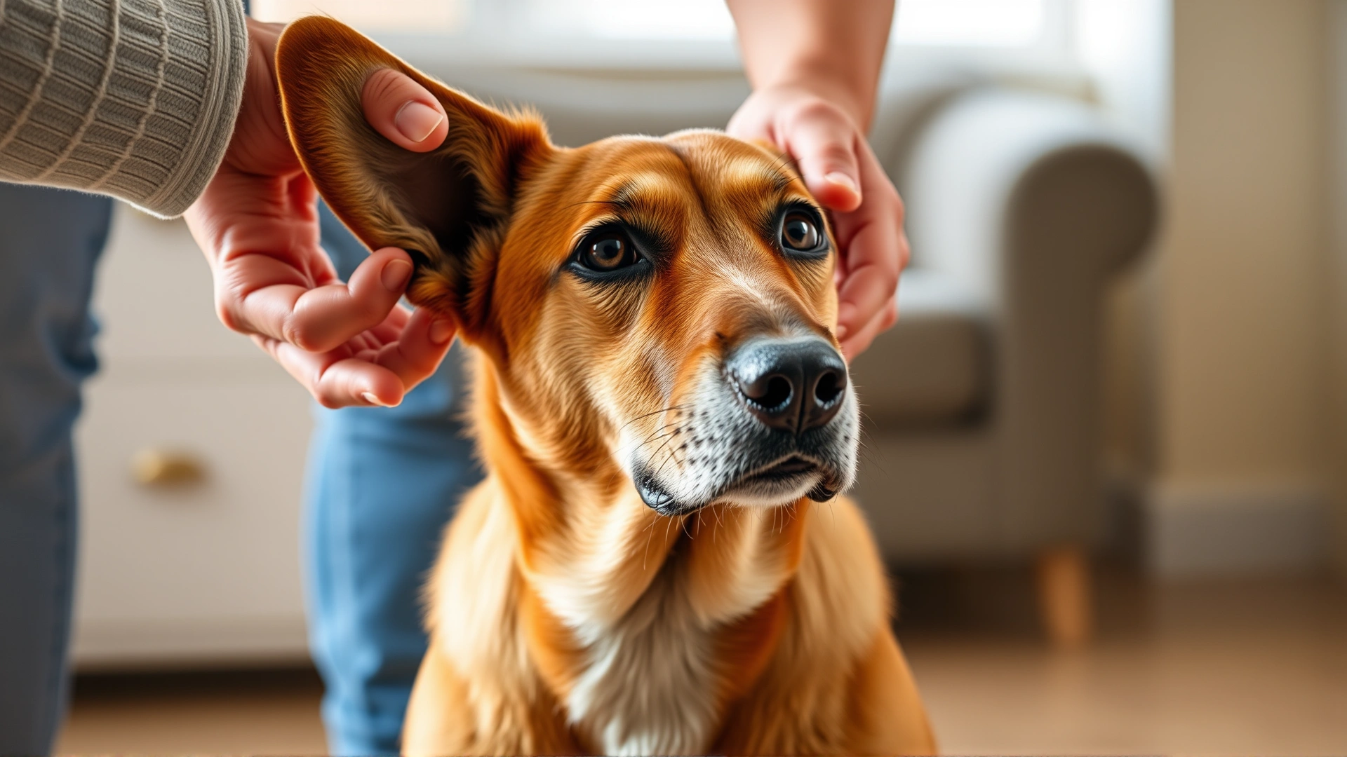 Dog sitting calmly while owner lifts one ear flap for inspection, indoors with natural light.