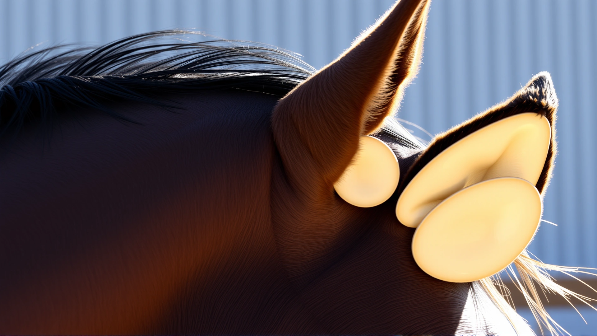Inside view of a horse’s ear displaying white, flat aural plaques under natural light.