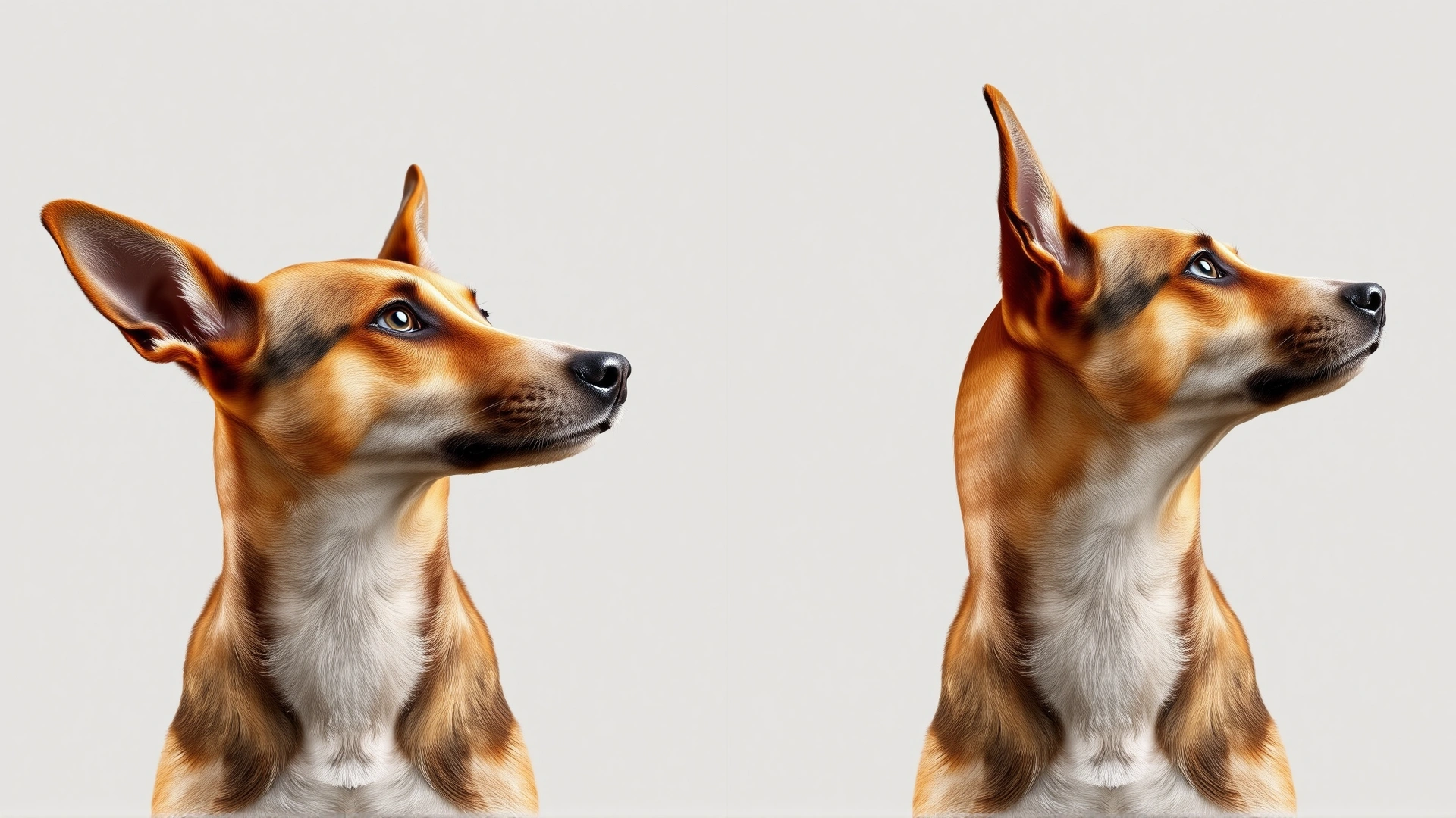 Side-by-side view of the same dog with ears perked forward on the left and ears flattened back on the right, plain neutral background.