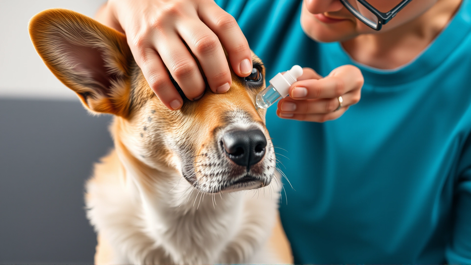 Owner carefully placing ear drops into a dog's ear canal while the dog is calmly sitting