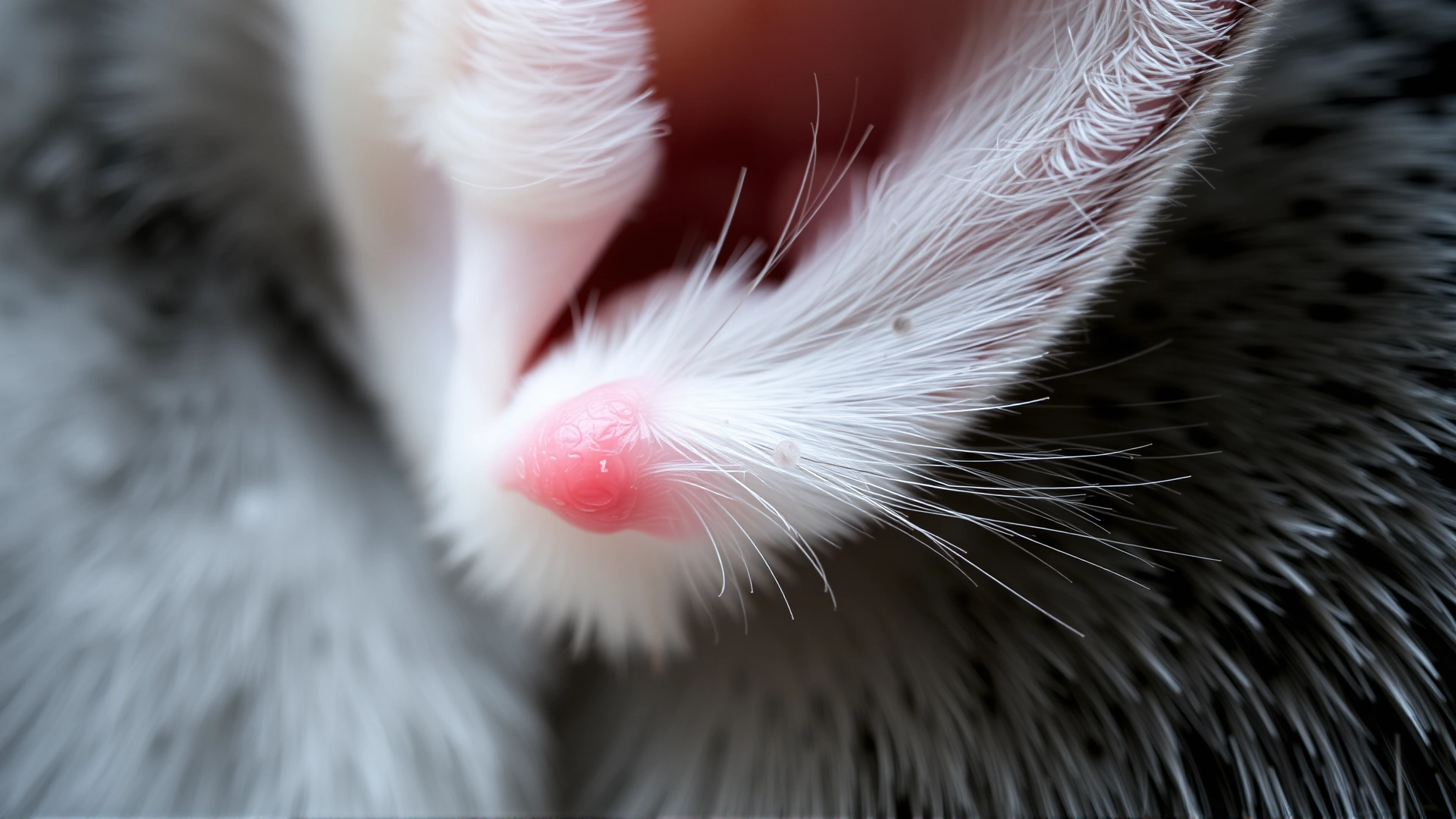 Macro photograph of a chinchilla ear showing slight redness and flaking to illustrate early visible symptoms