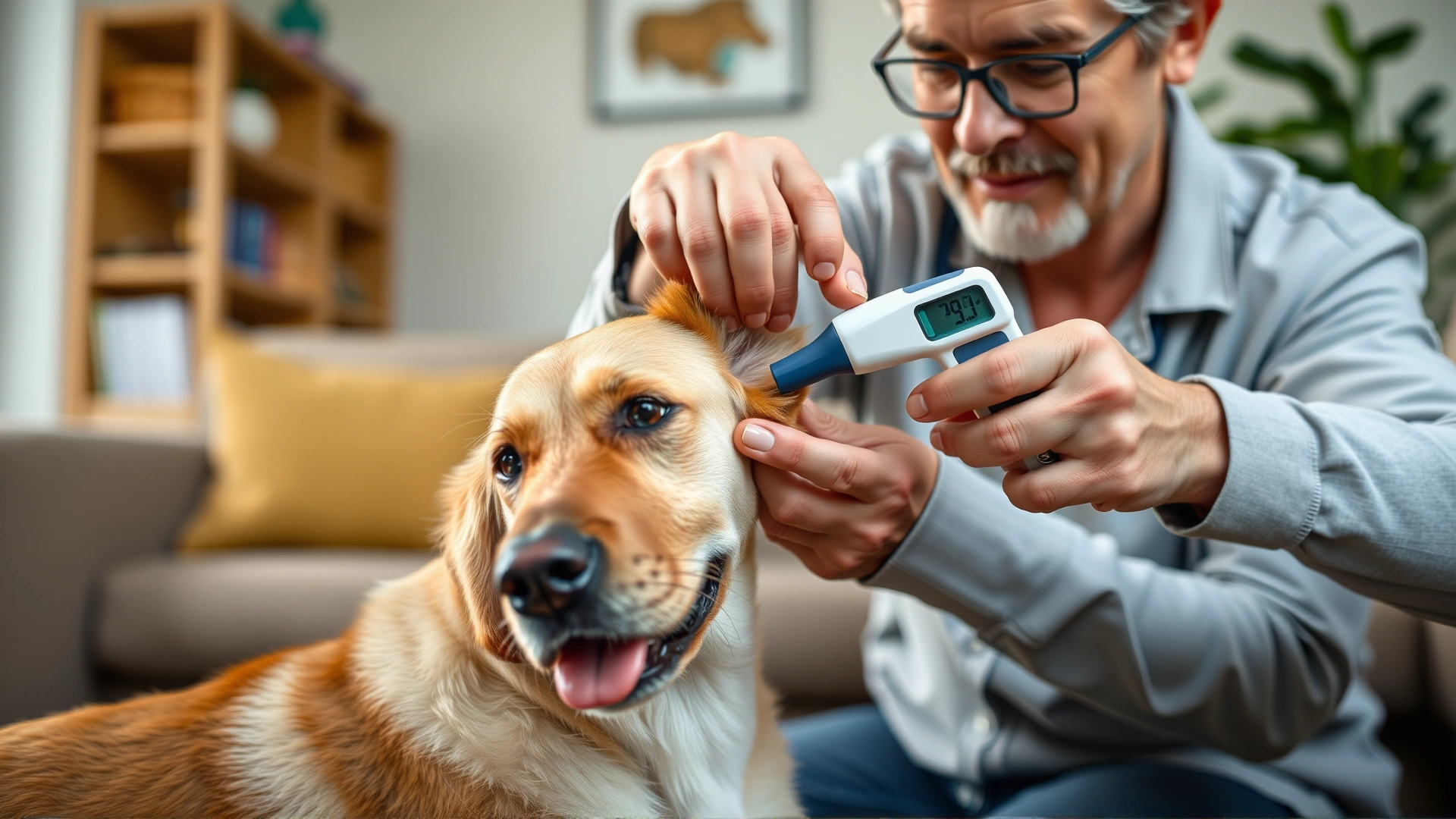 Owner using an ear thermometer on a relaxed dog in a living room setting.
