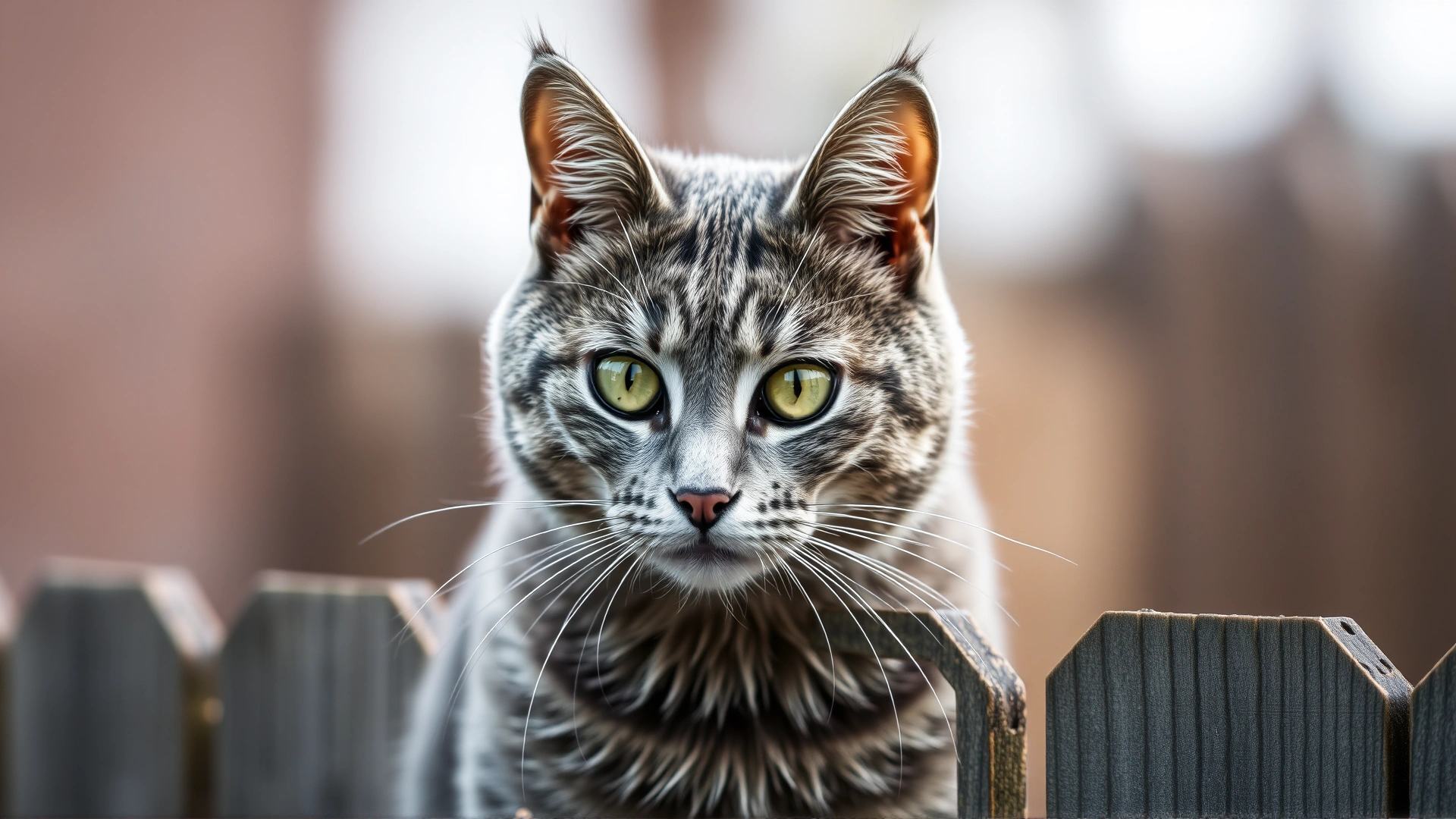Close-up portrait of a grey feral cat with the left ear clearly tipped, sitting on a wooden fence.