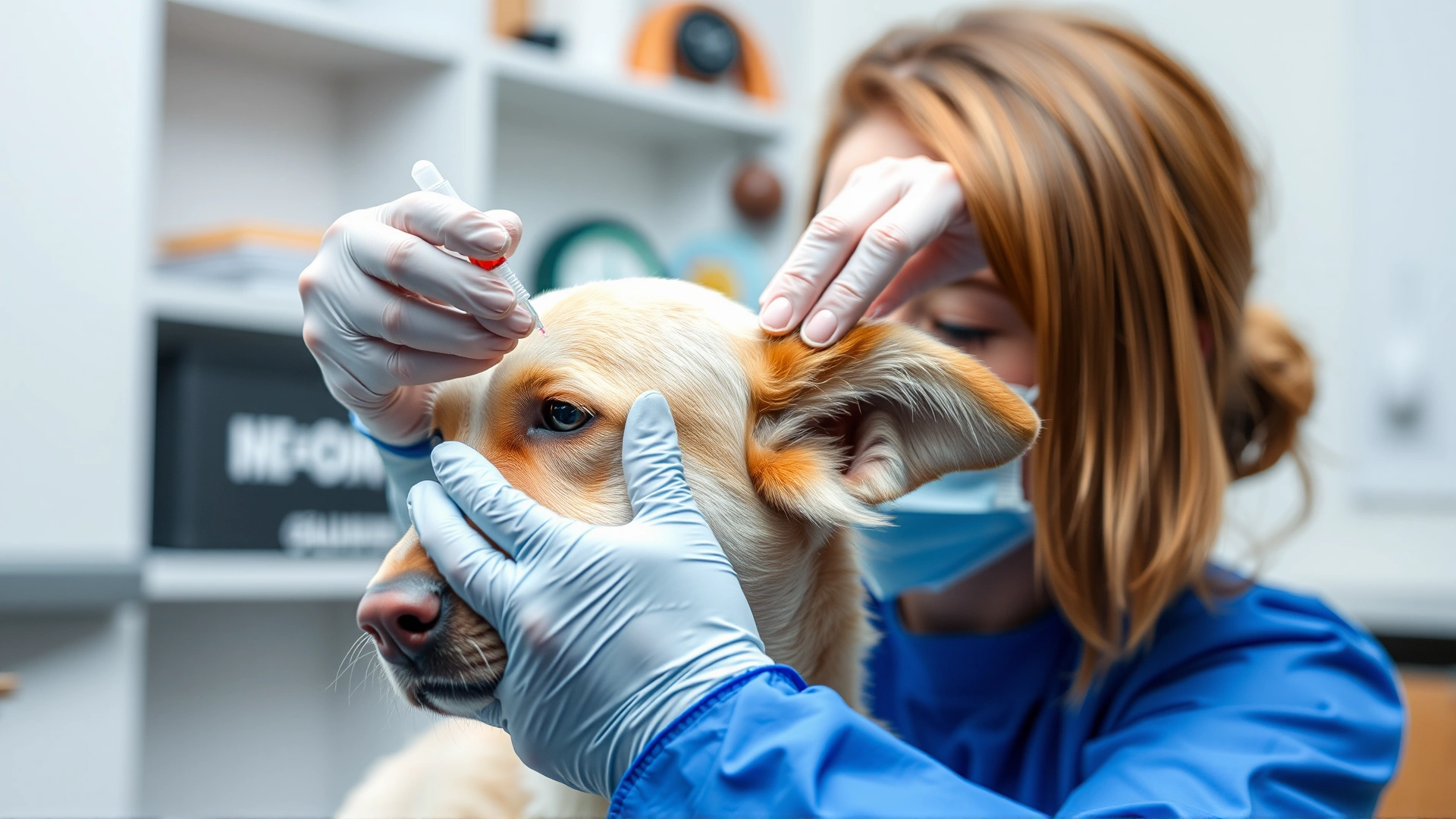 Veterinarian instilling ear drops into a calm dog at a clinic setting, showing proper application technique, no text on image