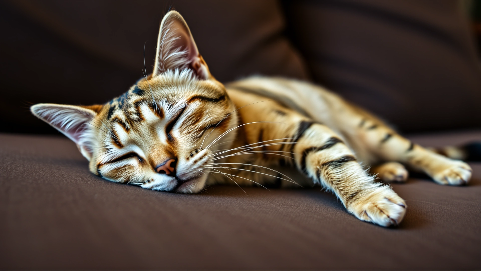 Slim tabby cat lying sluggishly on a couch, with a subtle emphasis on its thin frame and tired expression.