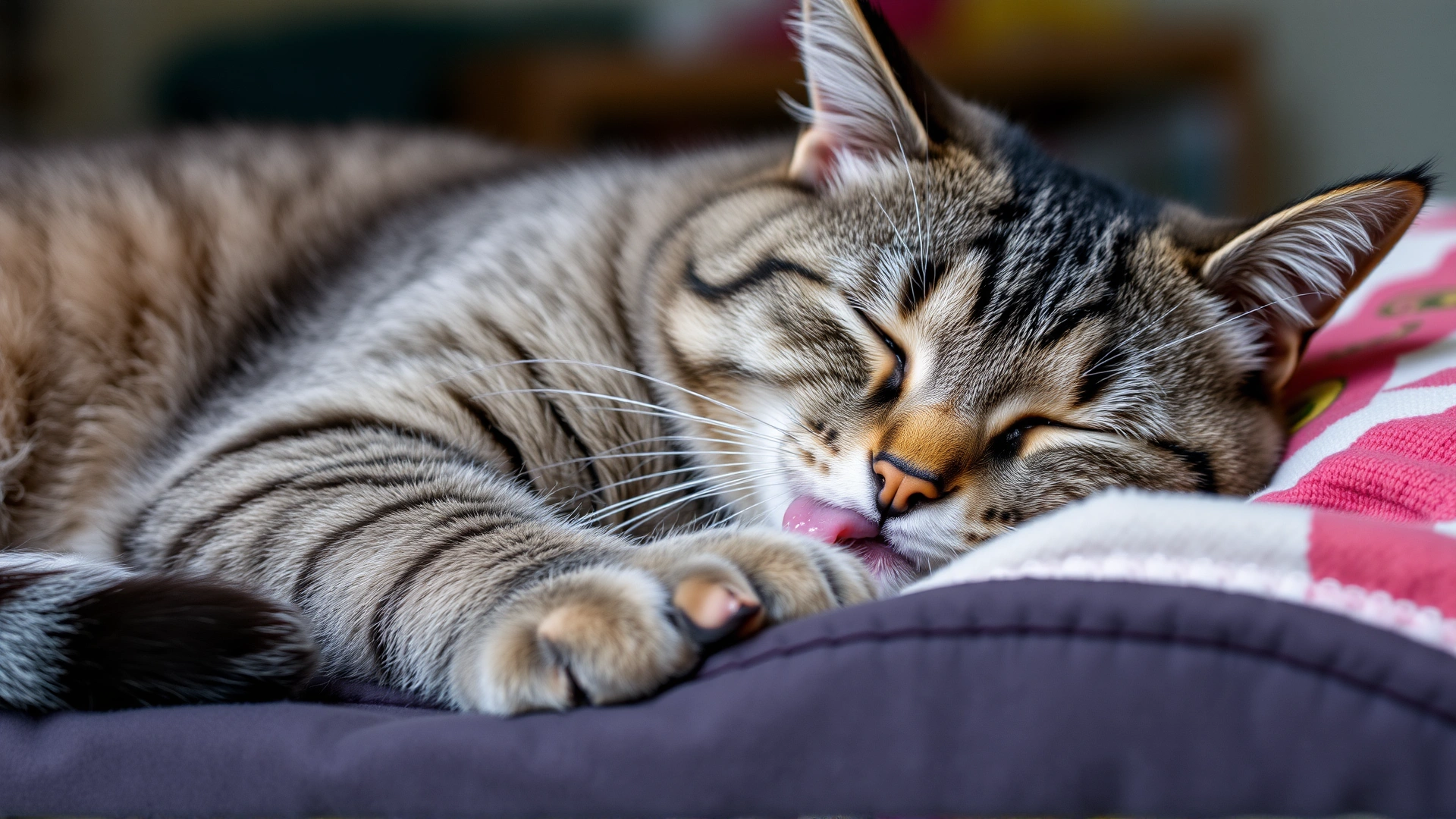 Photo of a gray tabby cat appearing lethargic and drooling, lying on a blanket.
