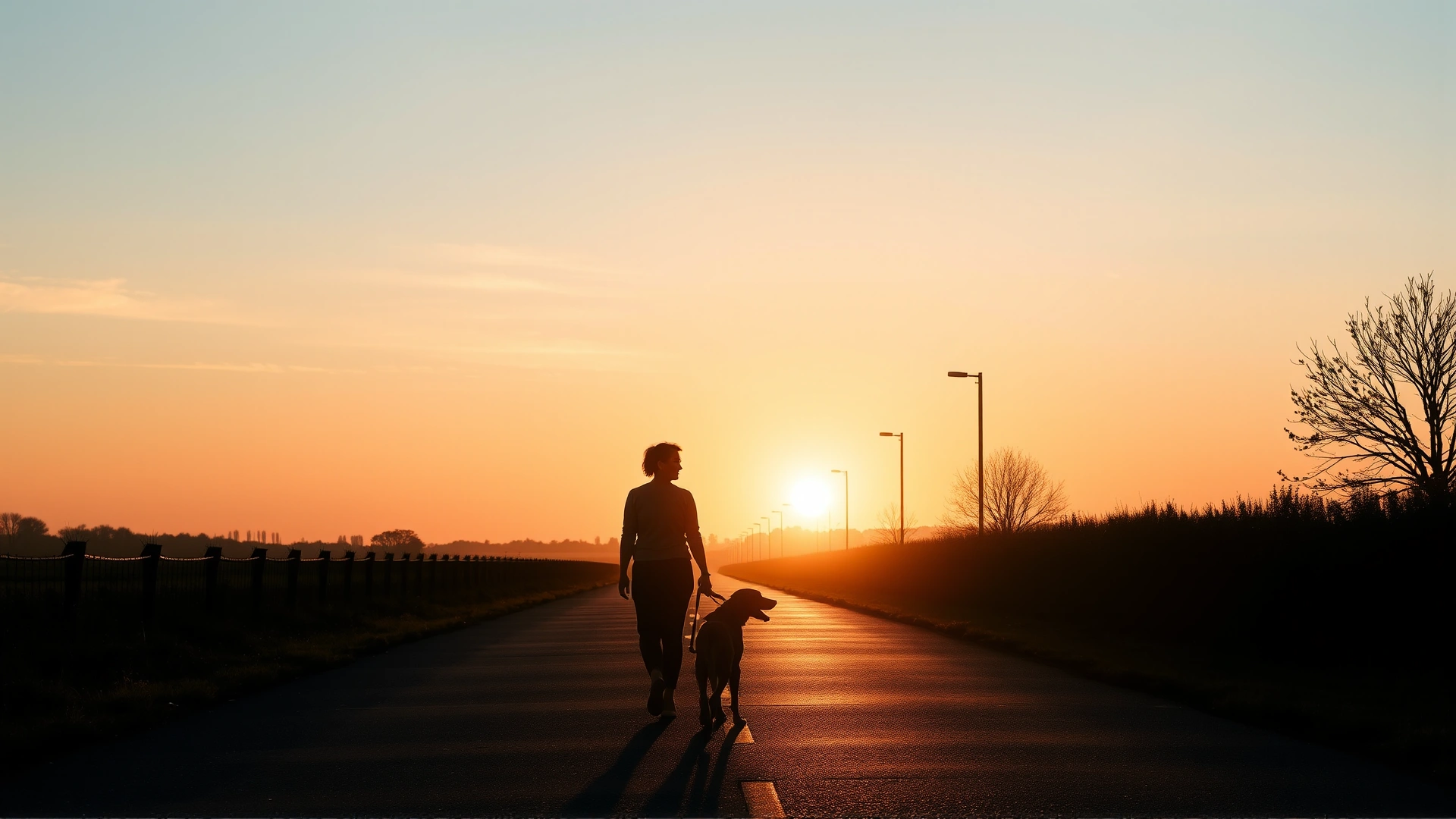 Silhouette of a person with their dog walking at dawn with a pastel sunrise sky and empty pathway, illustrating the recommended early walking time.