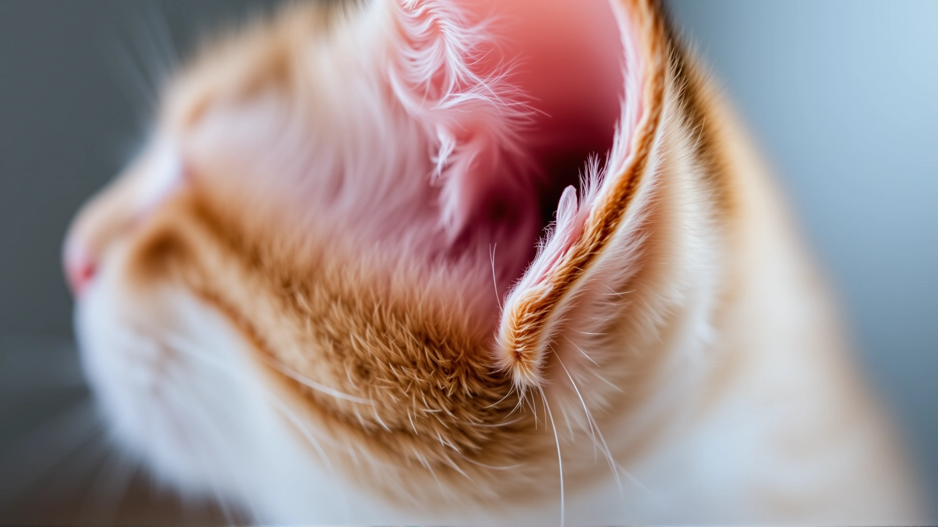 Macro shot focusing on the uniquely curved ears of an American Curl cat