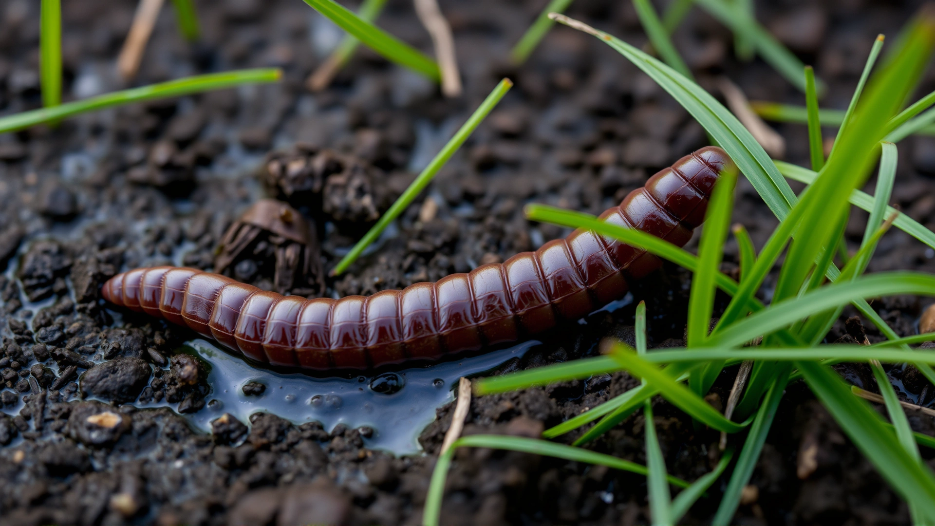 Naturalistic shot of an earthworm crawling on moist soil with green grass, highlighting its role as an intermediate host.